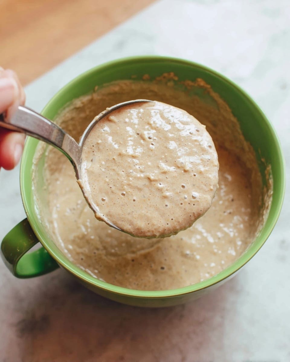 A close-up of a metal scoop holding light brown batter with small bubbles, above a green bowl filled with the same bubbly batter. The green bowl has a handle on the side and is set on a white marbled surface. A woman's hand is visible holding the scoop. The batter texture looks thick and slightly lumpy. Photo taken with an iphone --ar 4:5 --v 7