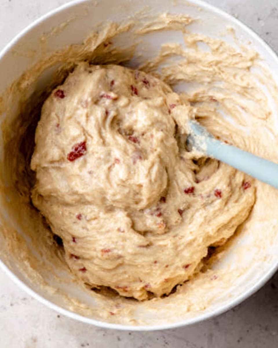 The image shows a close-up of a white bowl filled with a thick, creamy dough mixture that is light beige in color. There are small pieces of reddish-brown bits mixed throughout the dough. A spoon with a pale blue handle is partially dipped into the dough, resting inside the bowl. The white marbled surface is visible around the bowl's edges. The texture of the dough looks smooth with some small lumps and swirls from stirring. photo taken with an iphone --ar 4:5 --v 7