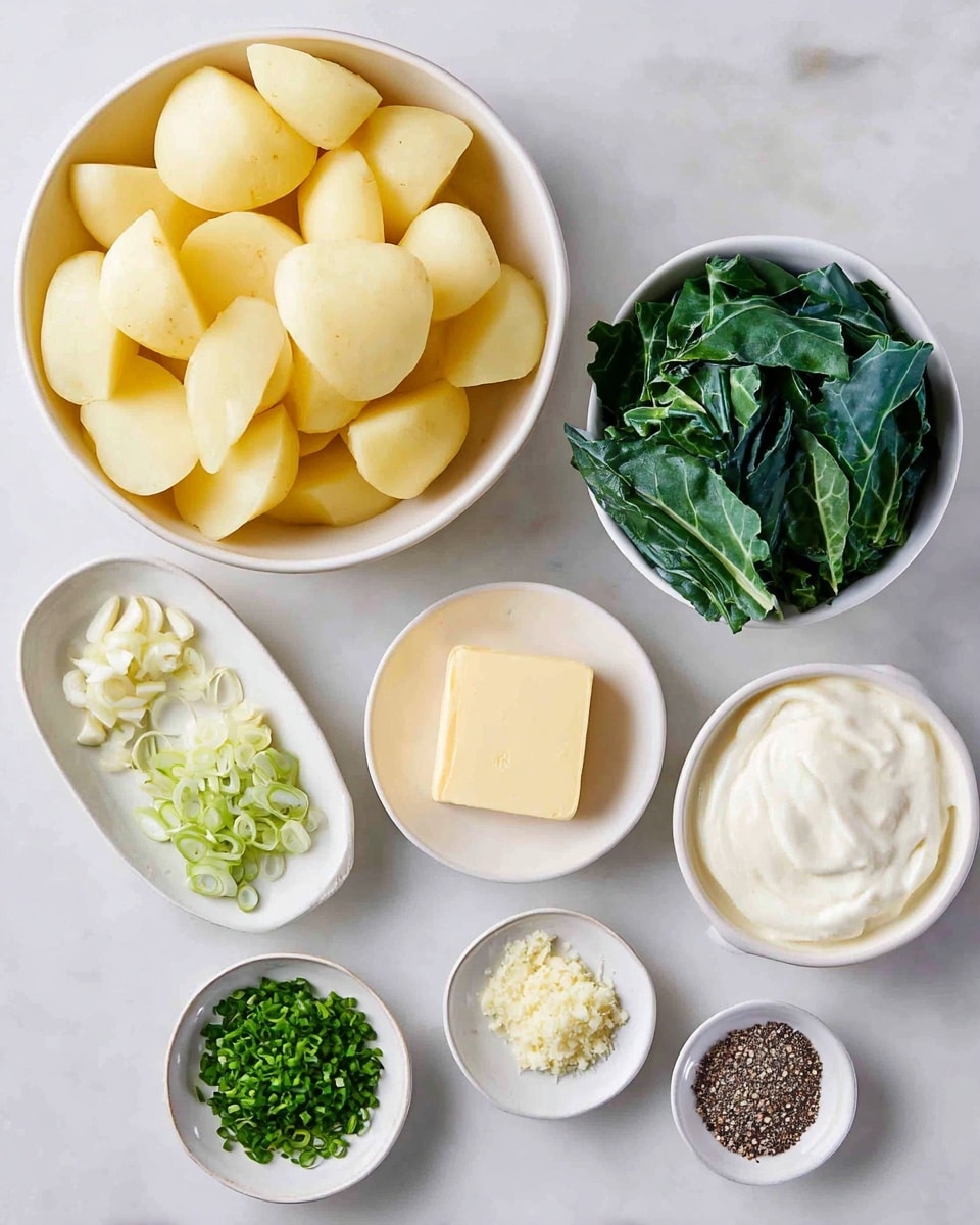 A top view of several white bowls and small dishes arranged on a white marbled surface, each holding different ingredients: one large white bowl filled with peeled, light yellow potato chunks; a white bowl with fresh, dark green leafy greens; a small white dish with a thick slice of pale yellow butter; a small oval dish with chopped dark green chives; a small round dish with minced pale yellow garlic; a small white bowl with smooth, creamy white sour cream or yogurt; and two small bowls with coarse salt and cracked black pepper. The colors are soft and natural, showing fresh ingredients neatly placed for cooking. Photo taken with an iphone --ar 4:5 --v 7