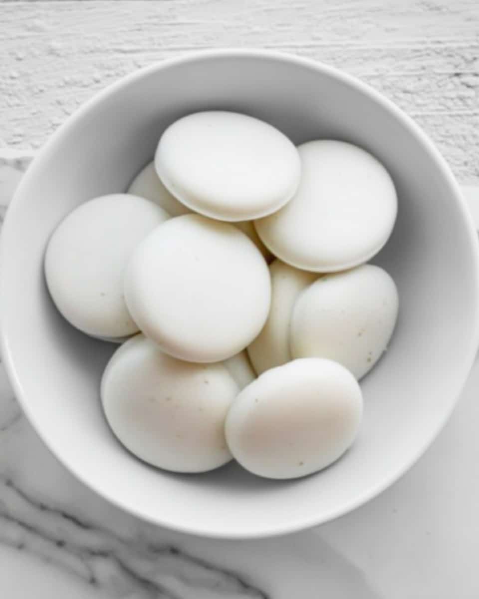 A white bowl filled with about ten smooth, round, white discs that have a soft and slightly glossy texture. The discs are stacked loosely inside the bowl, showing their uniform size and simple shape. The bowl sits on a white marbled surface that adds a clean and bright background to the scene. photo taken with an iphone --ar 4:5 --v 7