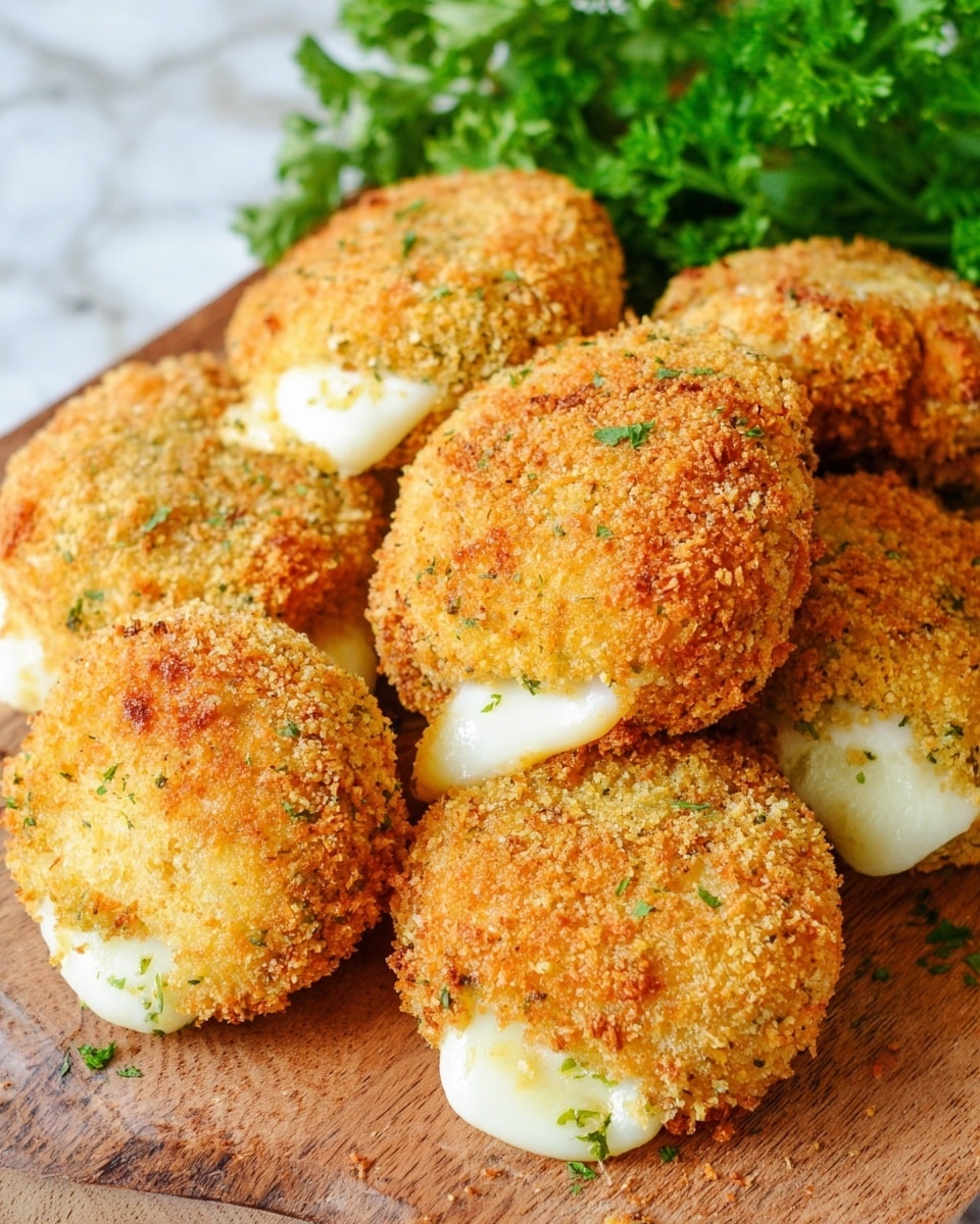 The image shows two round, golden-brown breaded patties with a rough, crispy texture. One patty is whole, while the other is broken open in the front, revealing a smooth, creamy white filling inside. The patties sit on a wooden surface with fresh green parsley in the blurred background, and a woman's hand is gently holding the broken patty. The scene has a warm, inviting feel with natural light highlighting the breaded coating and creamy center. Photo taken with an iphone --ar 4:5 --v 7