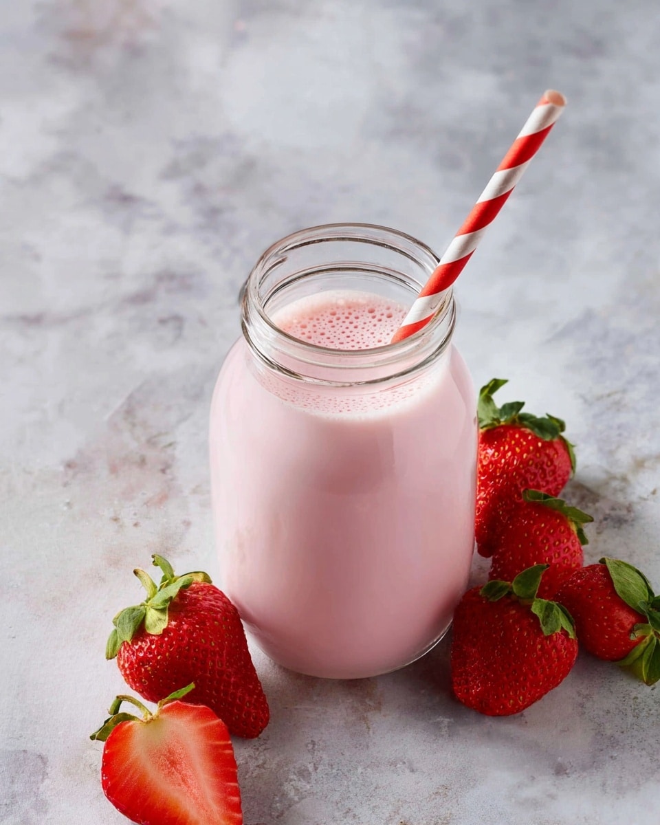 A clear glass jar filled with smooth, light pink strawberry milk, topped with tiny bubbles on the surface, stands on a white marbled texture. Inside the jar is a red and white striped paper straw angled slightly to the right. Around the jar, there are whole red strawberries with green leaves and one strawberry sliced in half showing its juicy red interior. photo taken with an iphone --ar 4:5 --v 7