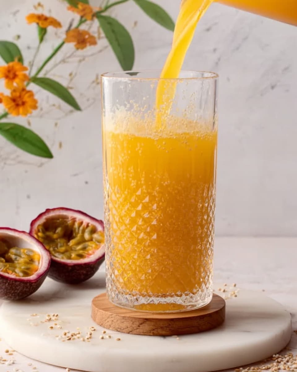 Quick Coconut Water Mocktail Recipe 4 A tall clear glass with a textured pattern is filled almost to the top with bright orange juice. Orange juice is being poured into the glass in a smooth stream from above. The glass sits on a small round wooden coaster on a white marbled surface. To the left, there is a half passion fruit with seeds visible inside and some orange flower petals and green leaves in the background. There are small crumbs or seeds scattered on the white marbled surface around the glass. photo taken with an iphone --ar 4:5 --v 7