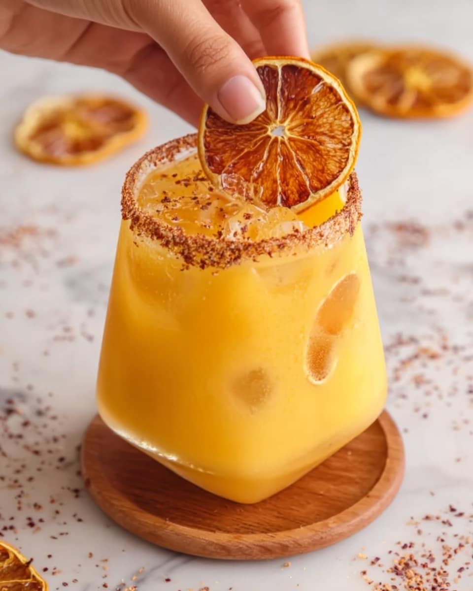 A unique glass with a wide base narrowing slightly toward the top, filled with a bright orange-yellow drink. The drink appears thick and smooth, with some ice cubes visible inside. The rim on one side of the glass is coated with a dark brown spice. Two slices of dried orange, one larger and one smaller, are placed on top as garnish. A woman's hand is delicately holding the smaller dried orange slice above the drink. The glass is set on a small wooden coaster, and the background features a white marbled surface scattered lightly with the same dark brown spice and additional dried orange slices. Photo taken with an iphone --ar 4:5 --v 7