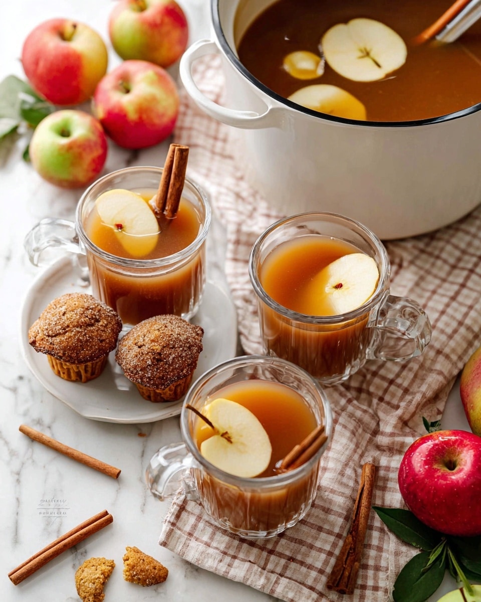 The image shows three clear glass mugs filled with a warm brown drink, each topped with two apple slices and a cinnamon stick resting inside. The mugs are placed on a white marbled surface with a checkered cloth underneath. One white plate holds three brown muffins coated in sugar, with one muffin partially eaten. A large white pot filled with the same brown drink and floating apple slices has a ladle resting inside it. Around the mugs and plate, there are whole red and green apples with leaves attached, and several cinnamon sticks scattered nearby. The setting looks cozy and autumnal. photo taken with an iphone --ar 4:5 --v 7