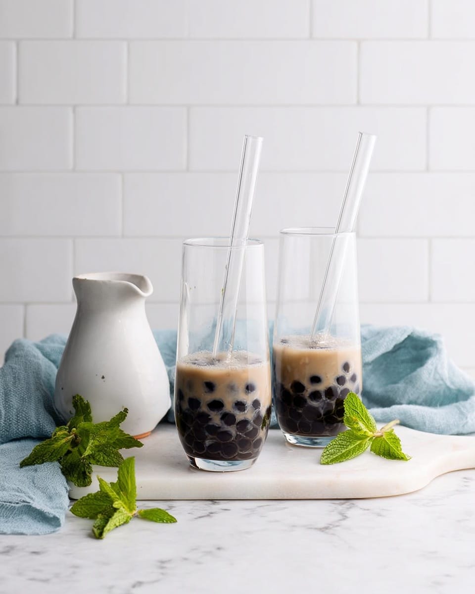 Two clear tall glasses each hold a layer of black tapioca pearls at the bottom, with transparent straws inside them, all placed on a white marbled surface. A small white ceramic pitcher sits to the left, alongside a green mint sprig and a soft, folded light blue cloth in the back. Another green mint sprig lies to the right near the base of the glasses. The background is white tiles with a clean, simple look. photo taken with an iphone --ar 4:5 --v 7