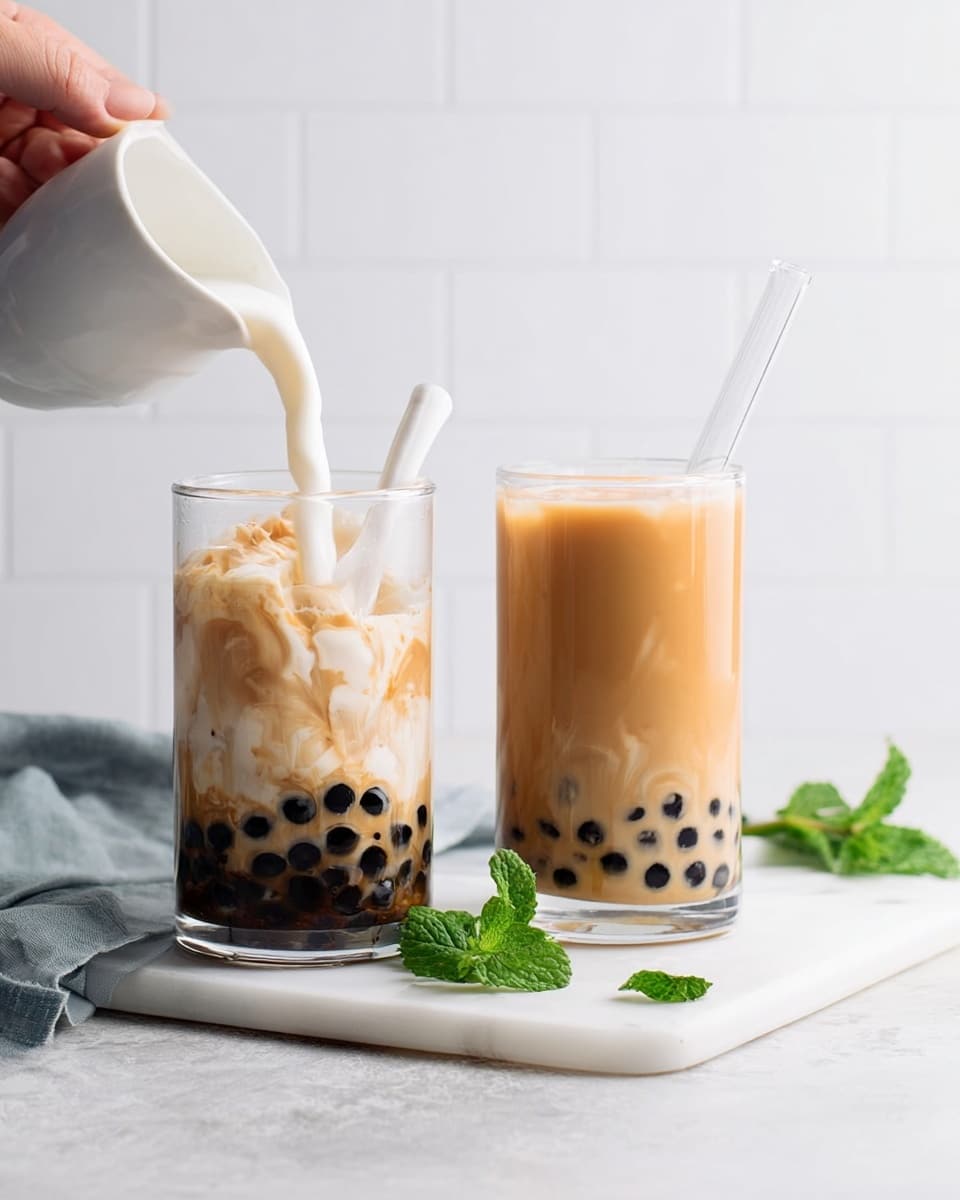 The image shows two glasses of bubble tea on a white marbled surface with a white tiled background. The glass on the left is clear with dark round tapioca pearls at the bottom, a light brown tea layer in the middle, and milk being poured from a white pitcher on the top, creating a swirling mix of white and light brown. A white spoon is inside this glass. The glass on the right is taller and also clear, filled with light brown tea and dark tapioca pearls at the bottom, with a clear straw inside. There are green mint leaves placed near the glasses for decoration, and a woman's hand is pouring milk into the left glass. photo taken with an iphone --ar 4:5 --v 7