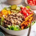 Burger Bowls with Sweet Potatoes and Cheddar Chem! Recipe