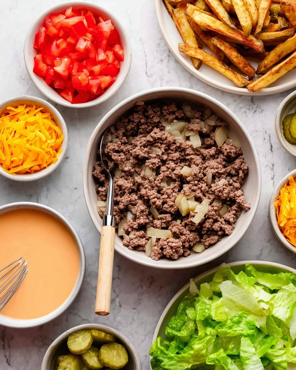 The image shows a collection of food ingredients arranged on a white marbled surface. At the center is a white bowl filled with cooked ground beef mixed with small pieces of onions, with a wooden-handled spoon resting inside. Surrounding this bowl are smaller white bowls holding bright red diced tomatoes, yellow shredded cheese, and sliced green pickles. In the bottom right is a white bowl filled with fresh green lettuce leaves, and to the bottom left is a white bowl containing a light orange sauce with a small metal whisk resting inside. At the top right, there is a white plate with golden-brown cooked fries. The overall presentation is neat, colorful, and ready for assembling a meal. Photo taken with an iphone --ar 4:5 --v 7