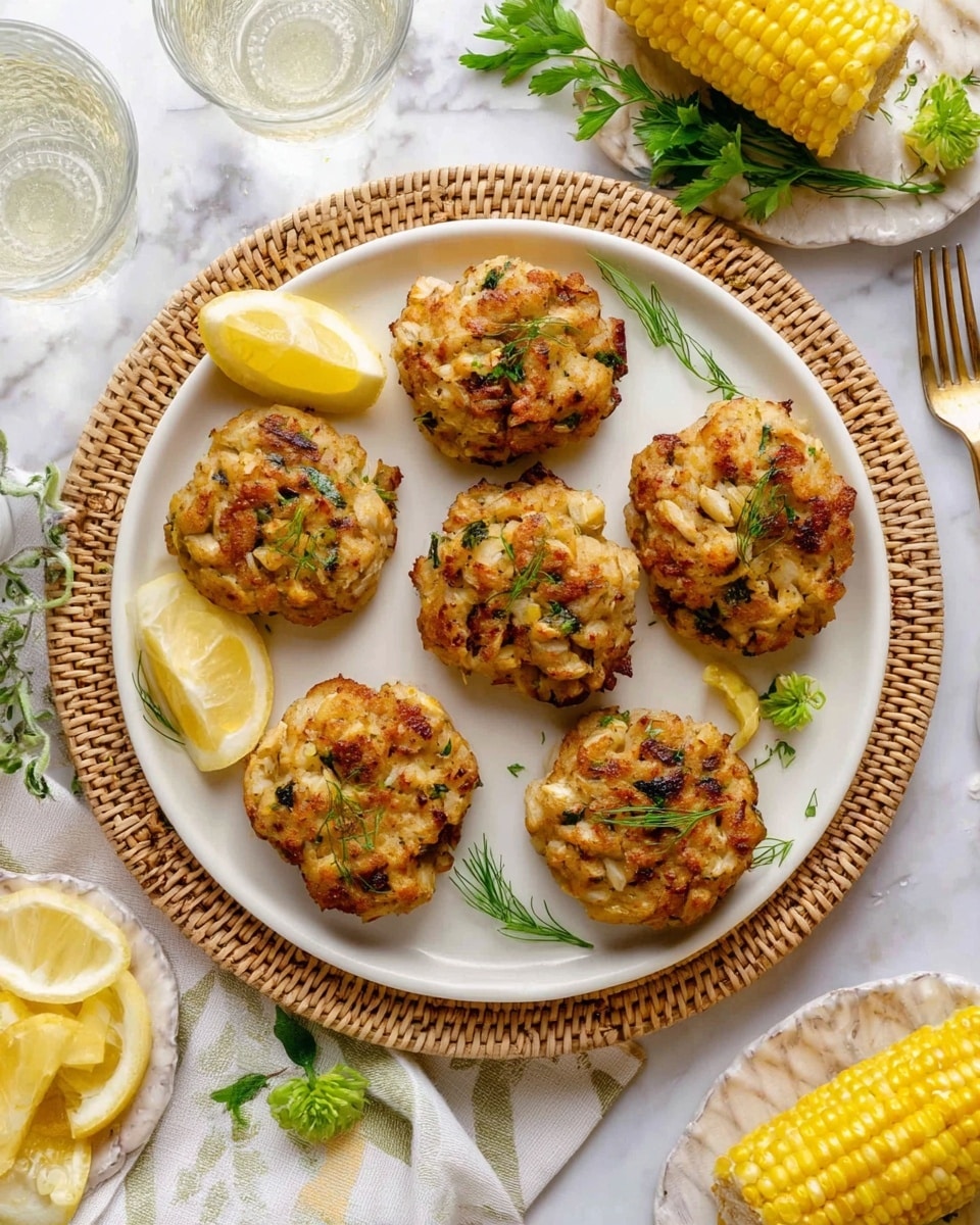 The image shows six crab cakes on a white plate with a wicker-formed edge, placed on a white marbled surface. Each crab cake is golden brown with visible chunky pieces of crab and green herbs mixed in, giving a textured, slightly crumbly look. The crab cakes are spread out evenly on the plate, and some are topped with small green herb sprigs and lemon wedges for garnish. Around the plate, there are fresh lemon wedges on a small white dish with petal edges, sprigs of green herbs, and a white plate with three corns on the cob. Clear water glasses are also visible nearby. The whole setting has a clean, fresh, and bright appearance, photo taken with an iphone --ar 4:5 --v 7