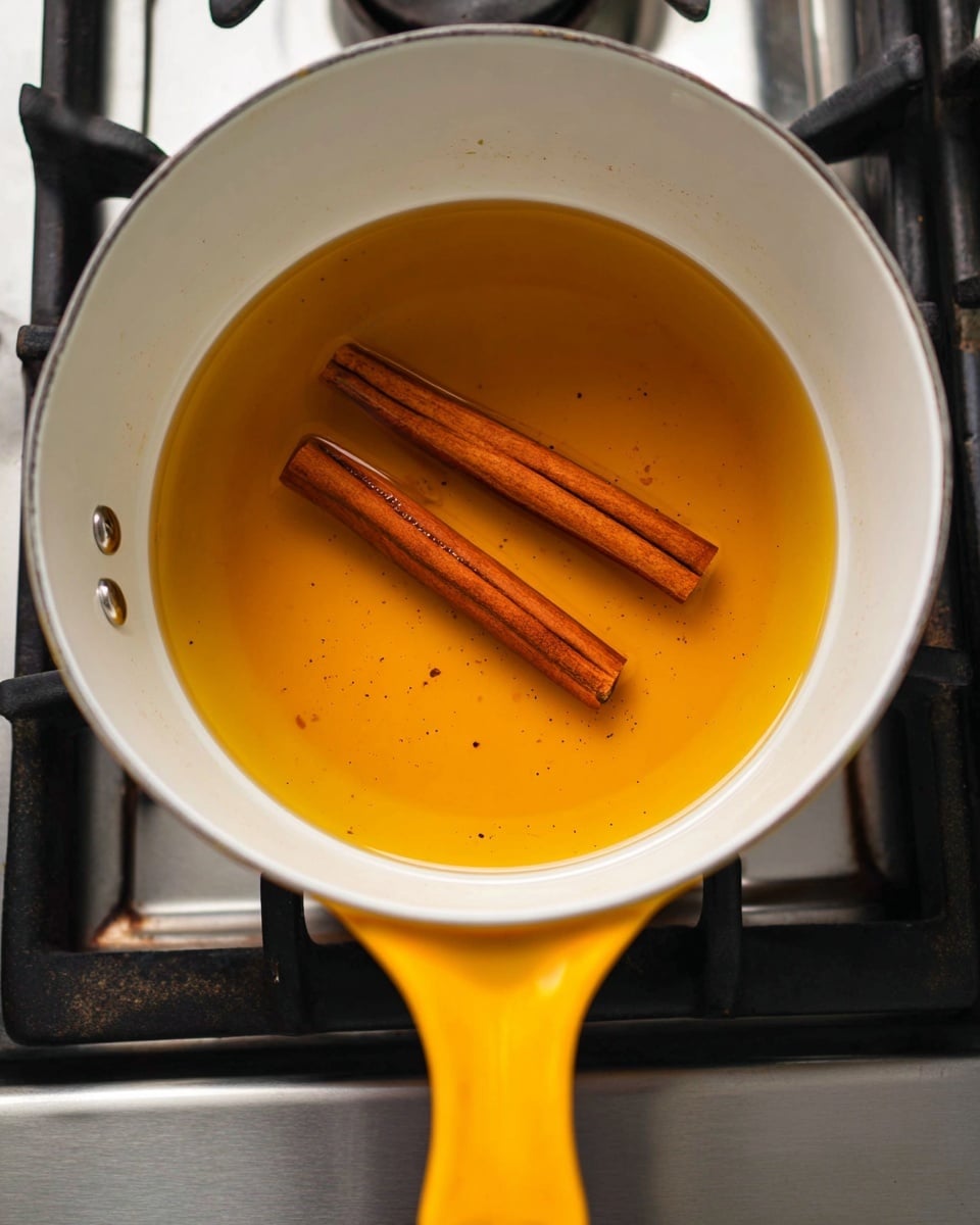 A white pot on a stove holds two brown cinnamon sticks floating in a clear golden liquid, the surface of the liquid smooth with slight reflections, showing fine specks scattered throughout. The pot has a bright yellow handle and shiny silver rivets visible on the inner side. The stove burner beneath the pot shows worn black metal grates, adding contrast to the clean white pot. The overall scene is simple with a focus on the warm colors of the cinnamon and liquid against the white pot and stove parts. photo taken with an iphone --ar 4:5 --v 7