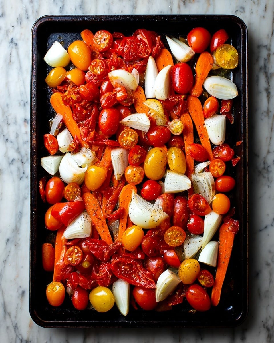 A black baking tray filled with a colorful mix of vegetables sits on a white marbled surface. The tray holds many halved cherry tomatoes in bright red and yellow shades scattered all over. Large chunks of white onion are spread across the tray, with some pieces standing upright. Whole small carrots with orange skin are placed on top, adding a pop of color. There are also pieces of larger red tomatoes, adding deeper red hues. The vegetables look fresh and ready to cook, with a sprinkle of black pepper visible. photo taken with an iphone --ar 4:5 --v 7