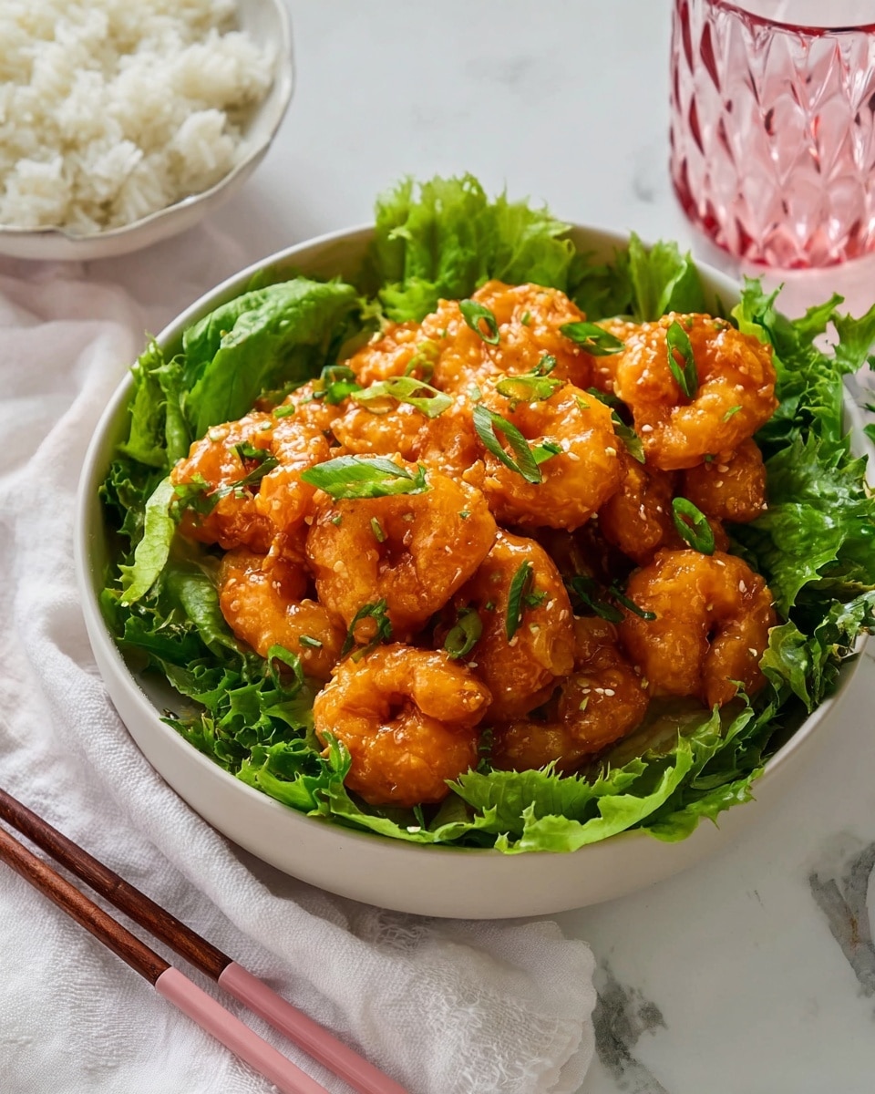 A white bowl filled with green leafy lettuce as the bottom layer, topped with a pile of orange crispy fried shrimp coated in a shiny sauce. Thin slices of green onion are scattered over the shrimp. In the background, a woman's hand holding chopsticks lifts a piece of shrimp. The setting includes a white marbled surface and a bowl of white rice and a light purple glass are visible behind. Photo taken with an iphone --ar 4:5 --v 7