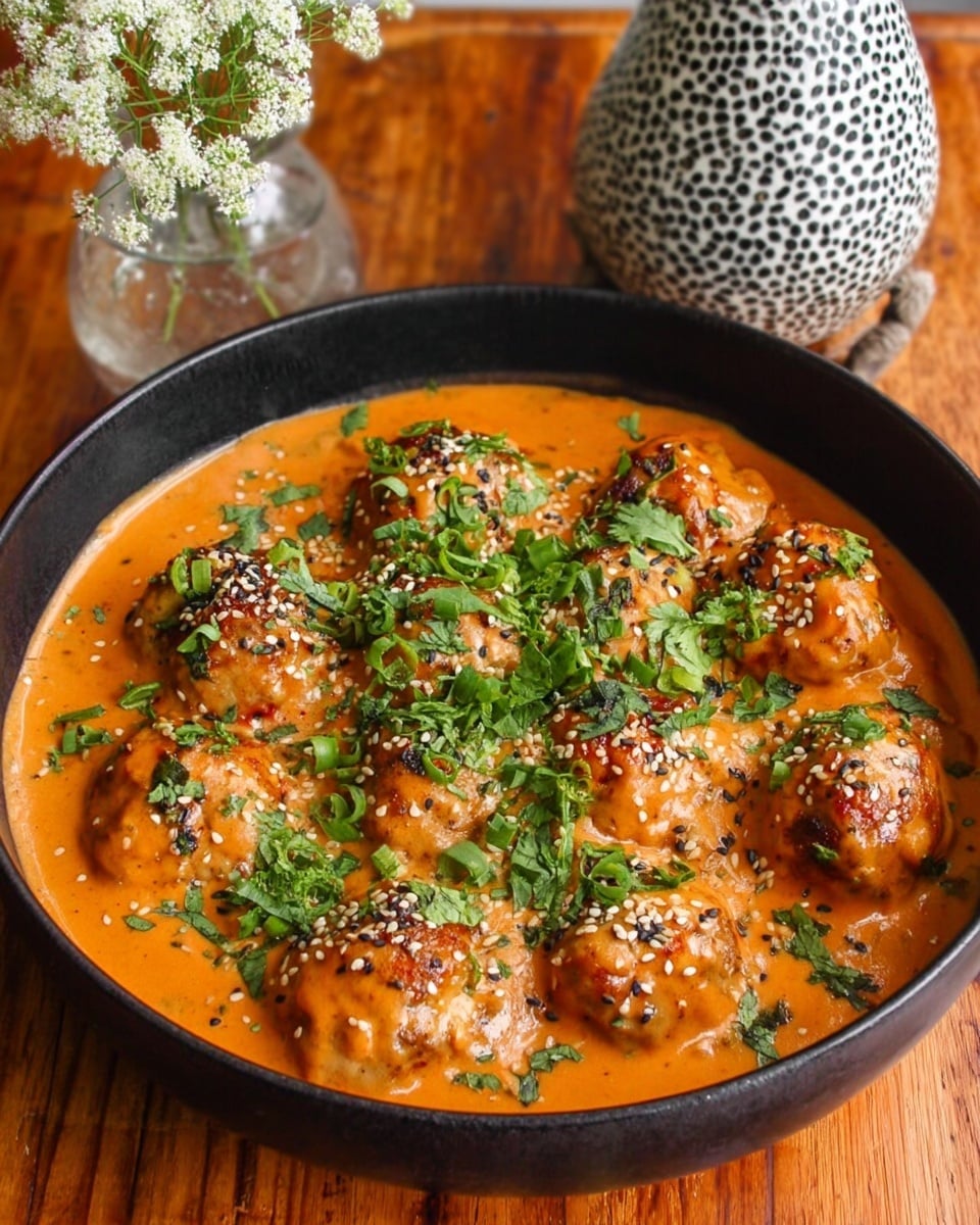 The image shows a black round bowl filled with about 15 golden-brown meatballs covered in thick, creamy orange sauce. The sauce is smooth with some small chunks of vegetables visible. The meatballs are generously topped with fresh chopped green herbs and scallions, along with a sprinkling of white and black sesame seeds. The bowl is placed on a wooden surface, and in the background, there is a ceramic container with a black and white spotted pattern and small white flowers. Photo taken with an iphone --ar 4:5 --v 7