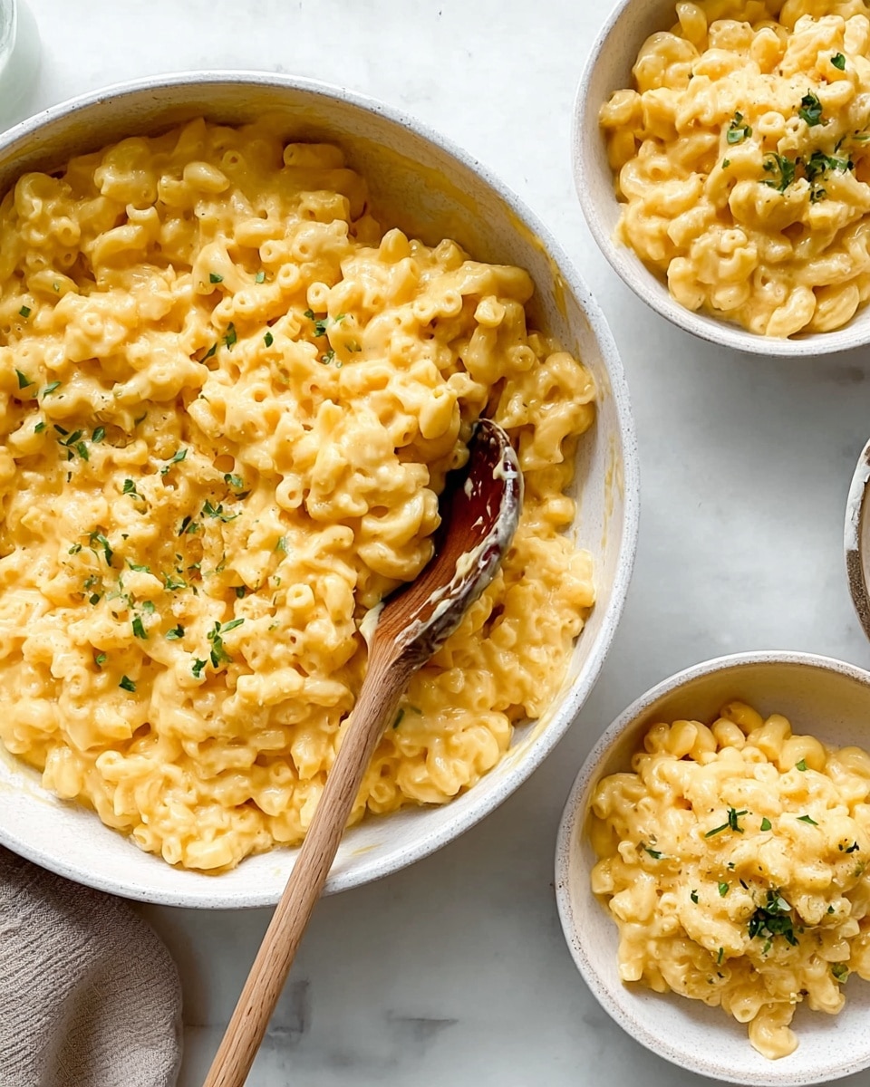 A large white bowl filled with creamy, yellow macaroni and cheese, the pasta is soft and coated in a rich cheese sauce, sprinkled lightly with small green herb leaves on top for color. In the center, a wooden spoon stirs the macaroni, showing some pasta on the spoon. Around the main bowl, two smaller white bowls also have servings of the same macaroni and cheese, with the same herb garnish on top. The bowls are all placed on a white marbled surface, giving a clean and bright look. Photo taken with an iphone --ar 4:5 --v 7