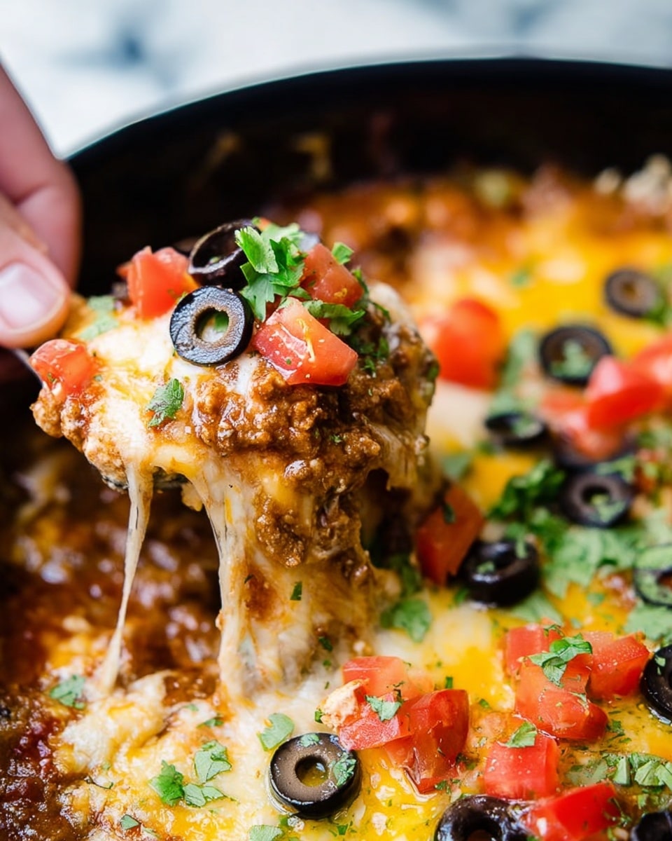 A close-up view of a slow cooker filled with a layered dish. The bottom layer looks creamy with a mixed cheese base in white and light yellow shades, covered evenly with cooked ground meat in a brown tone. On top of that, scattered small red tomato chunks add bright color. Black olive slices are spread across the surface, along with small green herb pieces sprinkled all over. The dish has a melted cheese layer, smooth and lightly browned around the edges. The slow cooker has a black inner pot, and the whole pot is set on a white marbled surface. Photo taken with an iphone --ar 4:5 --v 7