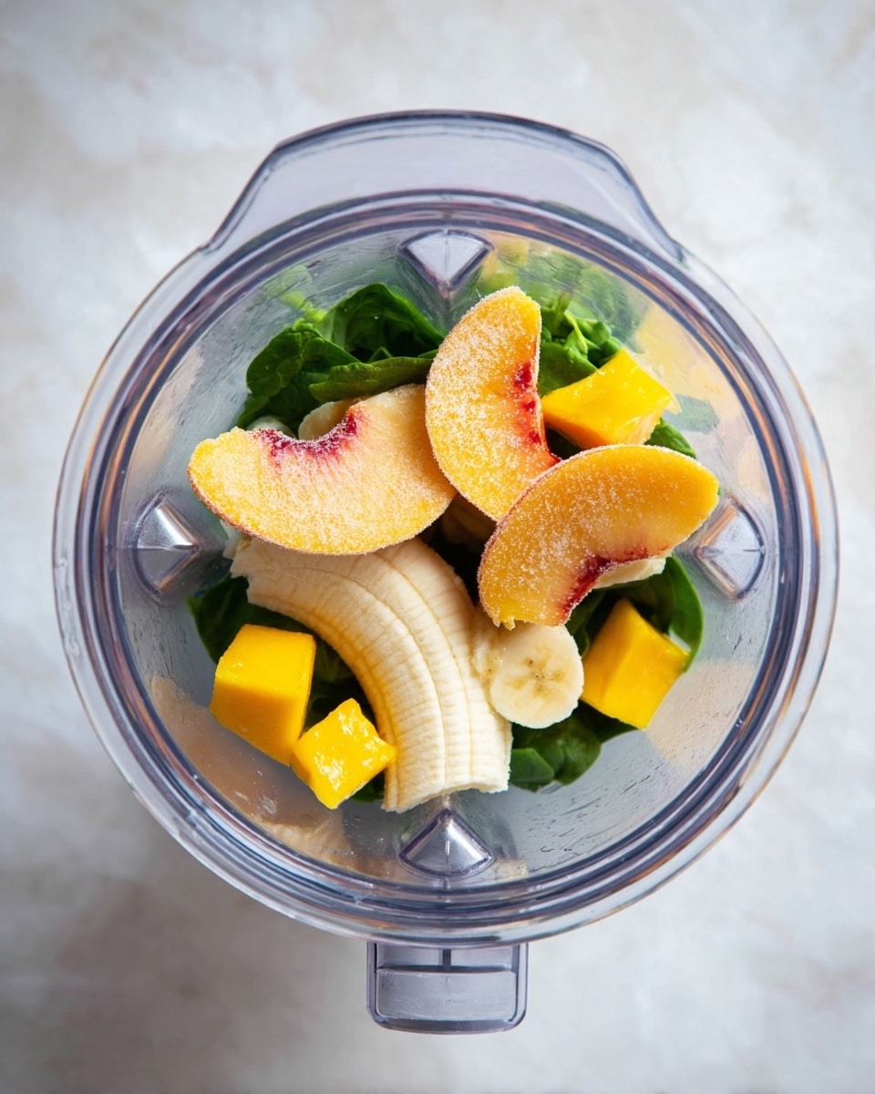 Inside a clear blender jar placed on a white marbled surface, the bottom layer is fresh green spinach leaves. On top of the spinach, there are three frozen peach slices with a frosted texture and a bright yellow-orange color with red near the edges. Scattered among the peach slices are small, yellow frozen mango chunks. Finally, sitting on top are two pieces of a peeled banana, off-white in color and smooth in texture, one piece is longer and one shorter. photo taken with an iphone --ar 4:5 --v 7