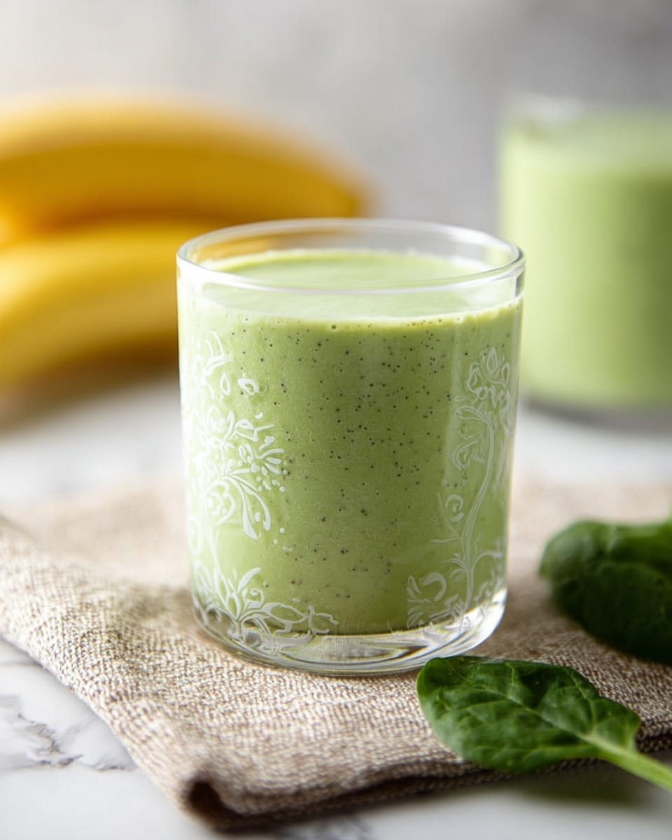 A clear glass filled with light green smoothie that has a smooth texture and small dark specks evenly spread inside. The glass shows an intricate white pattern on its surface. It sits on a beige coarse cloth, with a bright green spinach leaf placed nearby on a white marbled surface. In the background, there are two yellow bananas and a blurred glass with the same green smoothie, all under soft natural light. photo taken with an iphone --ar 4:5 --v 7