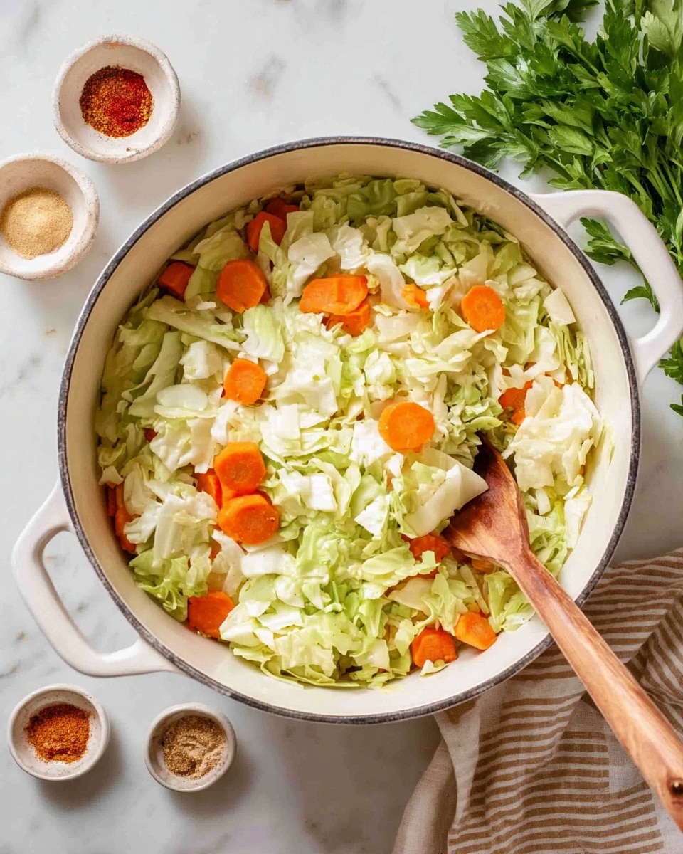 The image shows a white pot filled with roughly two layers of chopped vegetables on a white marbled surface. The first layer is light green cabbage pieces with a rough, leafy texture, and mixed in are thin, round slices of bright orange carrots. A wooden spoon with a light brown handle rests inside the pot, touching the vegetables. Nearby on the marbled surface are small white bowls filled with ground spices in beige, red, and brown colors, a beige striped cloth napkin, and fresh parsley leaves adding green contrast. photo taken with an iphone --ar 4:5 --v 7