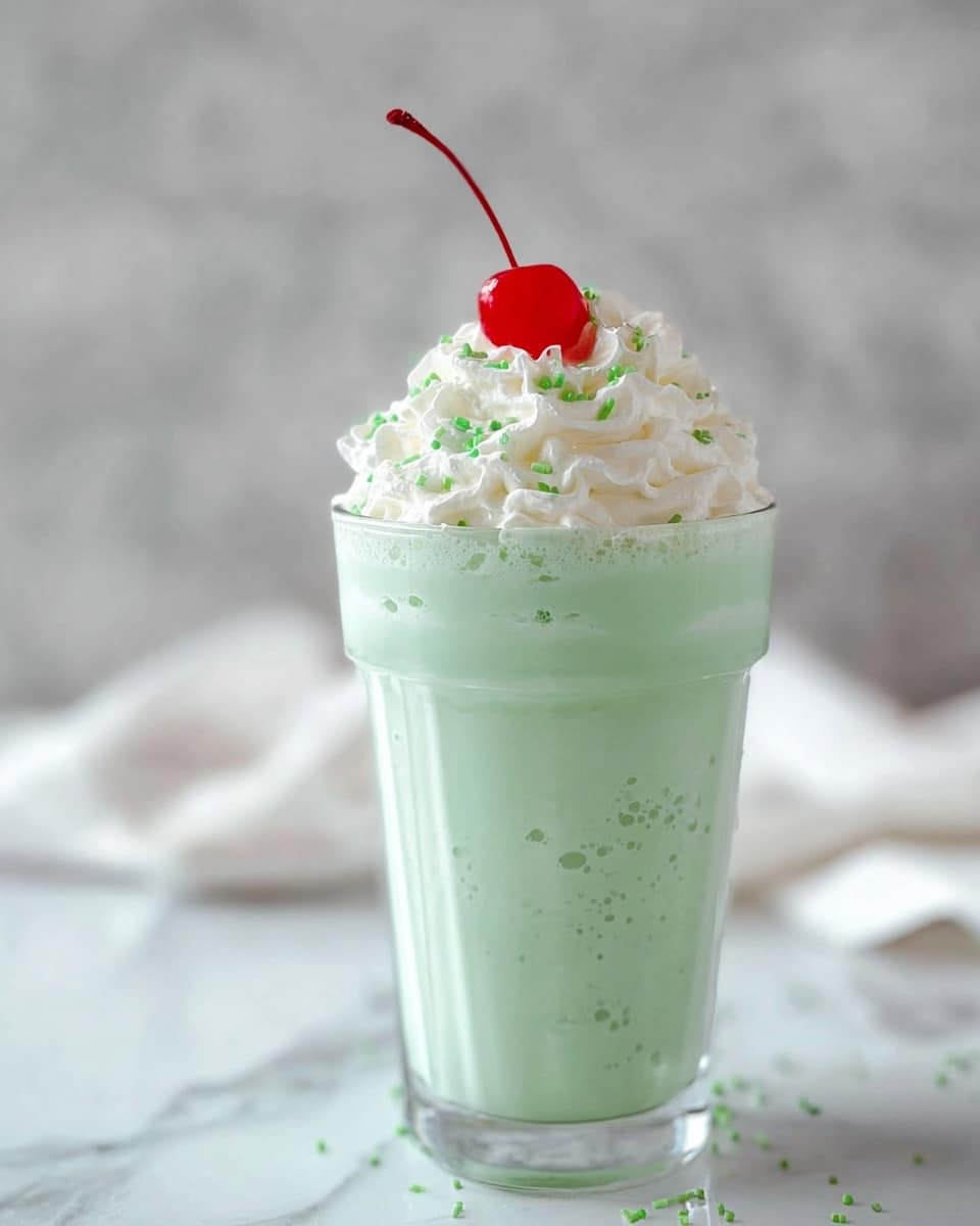 A clear glass filled with a light green creamy drink that has a smooth texture and small bubbles near the bottom. On top, there is a thick layer of white whipped cream with small green sprinkles scattered over it. At the peak of the whipped cream, there is a bright red cherry with its stem standing upright. The glass is placed on a white marbled surface, with a soft, out-of-focus background. photo taken with an iphone --ar 4:5 --v 7