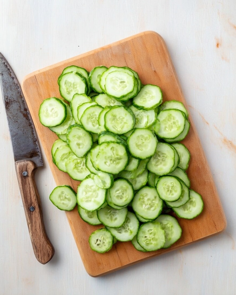 A wooden cutting board placed on a white marbled surface holds many round slices of cucumber arranged loosely together. The cucumber slices are mostly light green with darker green edges and visible seeds inside. To the left of the cutting board, there is an old-fashioned knife with a wooden handle resting diagonally. The whole scene is simple and clean, showing fresh cucumber slices ready for use. photo taken with an iphone --ar 4:5 --v 7