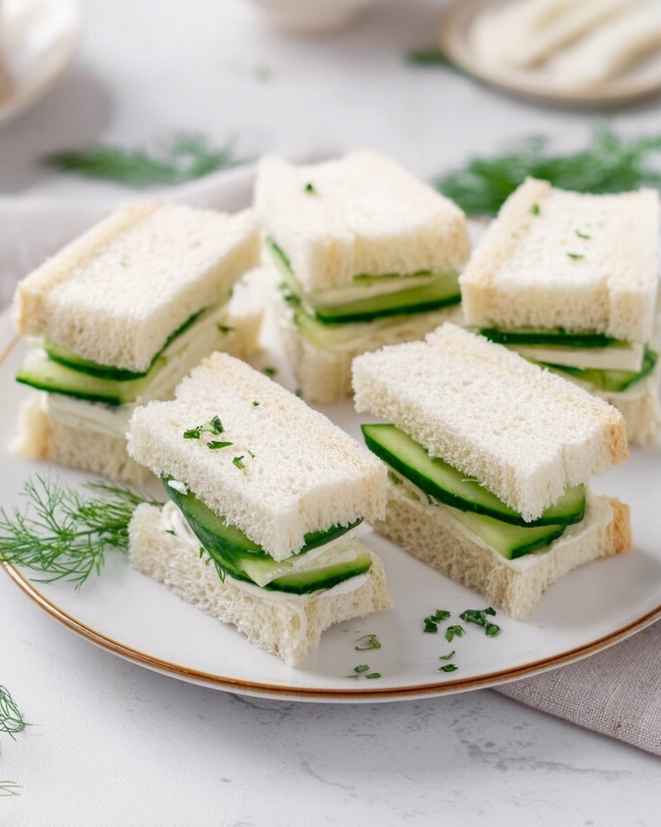 The image shows a white plate with a thin brown rim filled with small finger sandwiches. Each sandwich has two layers of soft white bread with a filling of light green cucumber slices and white creamy spread. The sandwiches are cut into neat small rectangular shapes and stacked casually on the plate. There are small bits of chopped green herbs sprinkled around the plate and some fresh dill placed nearby on a white marbled surface. The setting looks bright and clean with soft natural light. Photo taken with an iphone --ar 4:5 --v 7