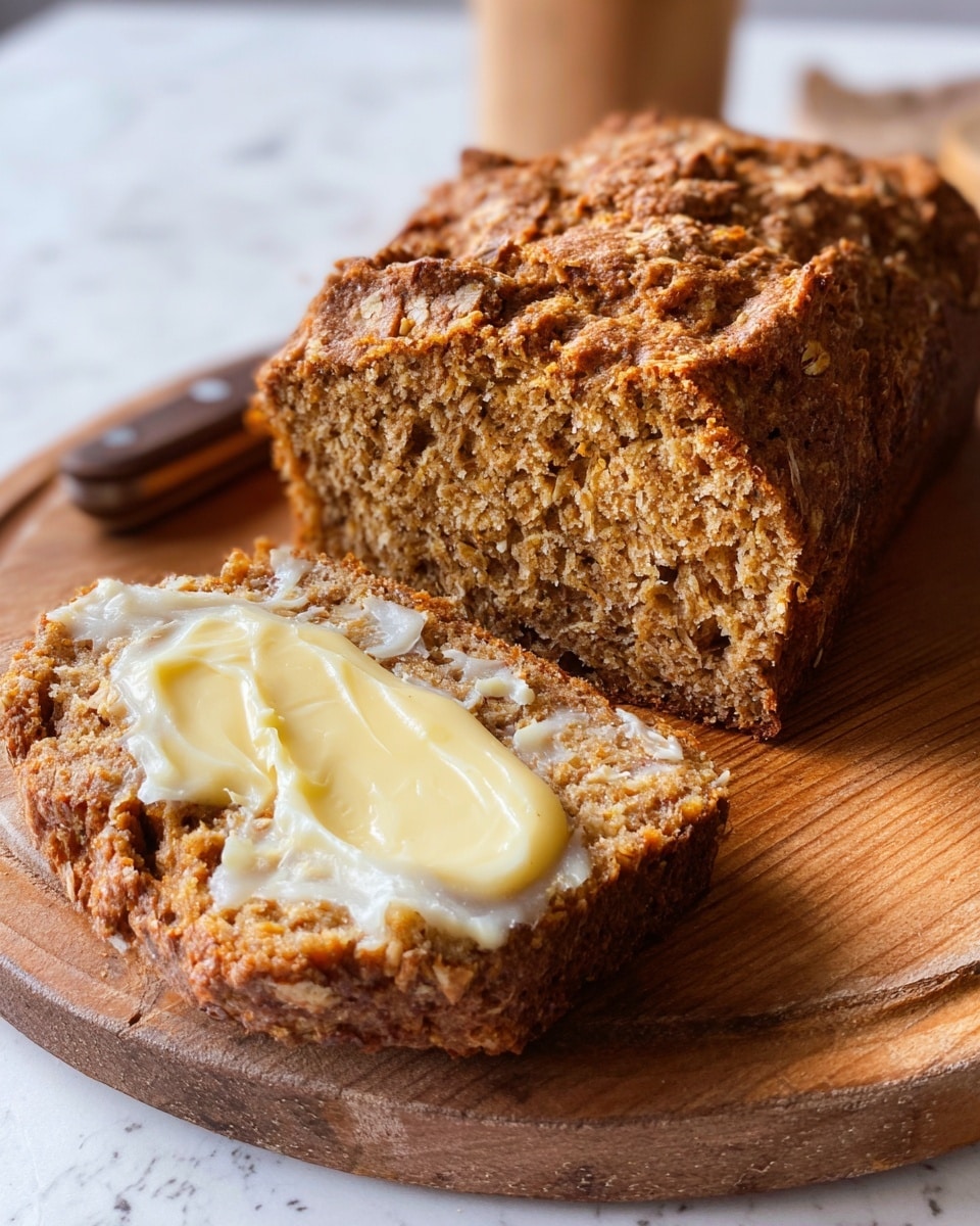 The image shows a loaf of moist brown bread with a rough, crumbly texture, placed on a round wooden board. One thick slice is cut from the loaf and laid flat in front, with a smooth, creamy light yellow spread partially melted on top. The loaf has a dense, grainy inside with a golden brown crust that looks crunchy. The wooden board sits on a white marbled surface, and soft natural light highlights the rough details of the bread’s crust and the creamy spread, photo taken with an iphone --ar 4:5 --v 7