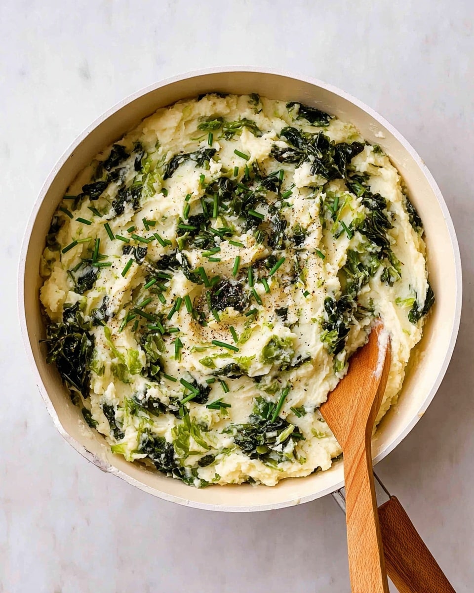 A white pan filled with creamy mashed potatoes mixed with dark and light green leafy vegetables, likely kale or spinach, with visible chopped chives and black pepper sprinkled on top. The mashed potatoes have a soft, fluffy texture, and the vegetables appear slightly wilted but fresh. A wooden spoon with a natural wood handle is partially resting inside the pan on the right side. The pan is placed on a white marbled surface, and the image is taken from above. photo taken with an iphone --ar 4:5 --v 7