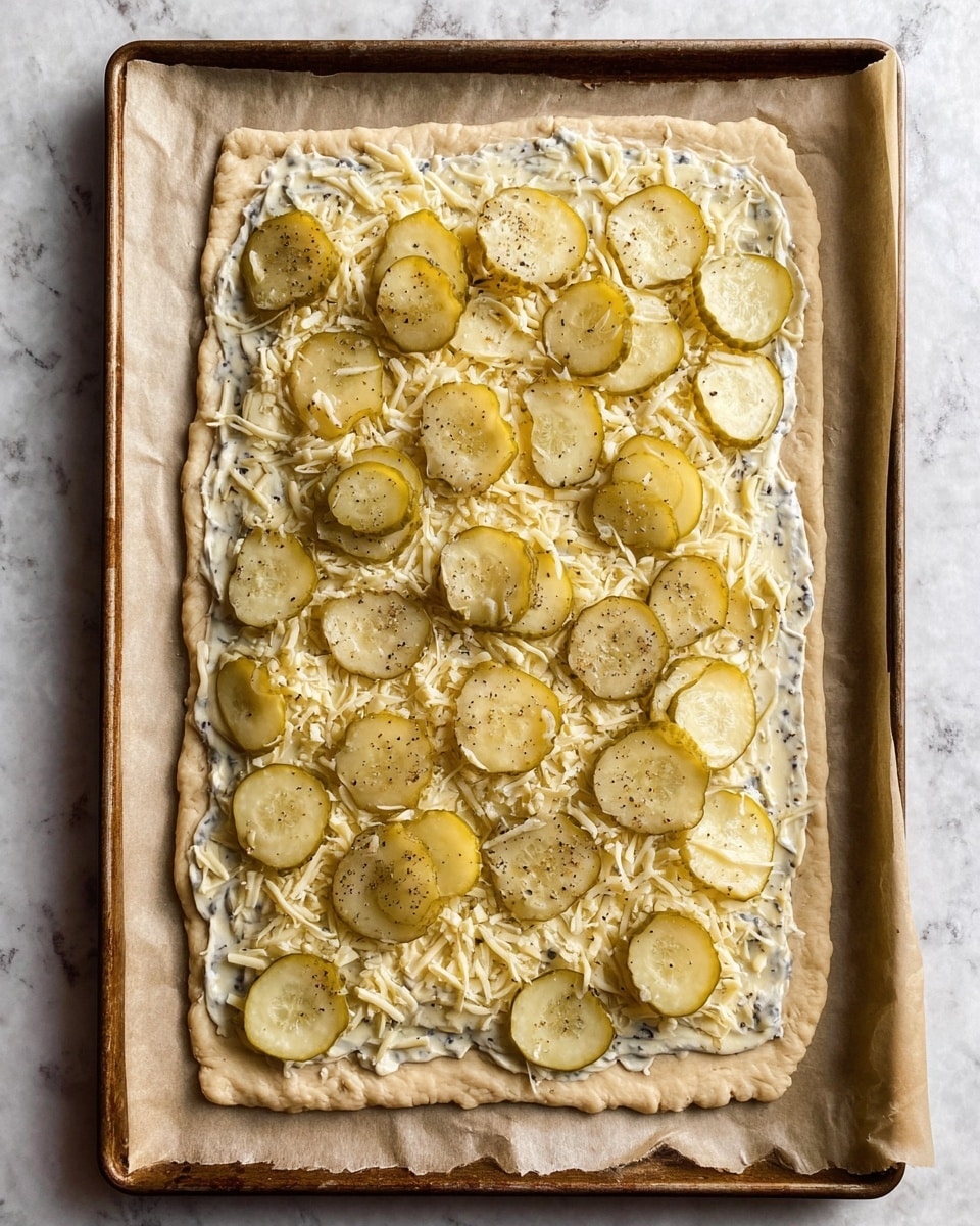 A rectangular pizza dough is laid out on a baking tray lined with parchment paper, placed on a white marbled surface. The dough has a thin edge crust with a creamy white sauce spread evenly up to the edges, speckled with herbs. On top of the sauce, there is a layer of shredded light yellow cheese scattered generously. The top layer consists of many round and oval pickle slices with a pale yellow-green color and ridged texture, some sprinkled with black pepper. The pizza shows clear separation between each layer, creating a textured look with soft dough, creamy sauce, inviting cheese, and bright pickles. Photo taken with an iphone --ar 4:5 --v 7