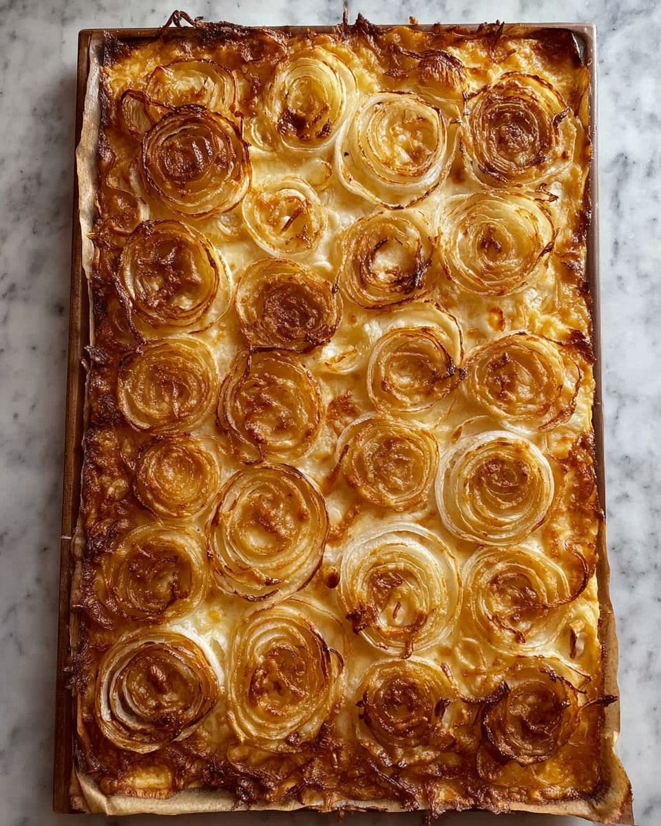 A rectangular flat dish with a thin, crispy golden-brown base topped with evenly spread round onion slices. There are roughly five visible layers of onion rings, varying in size from small to large, each layer showing a slightly translucent white to pale yellow color with edges toasted to a crisp golden brown. The onions give a concentric ring pattern across the whole surface. The base looks textured with some melted cheese browned and crispy around the edges. The dish sits on a white marbled surface. photo taken with an iphone --ar 4:5 --v 7
