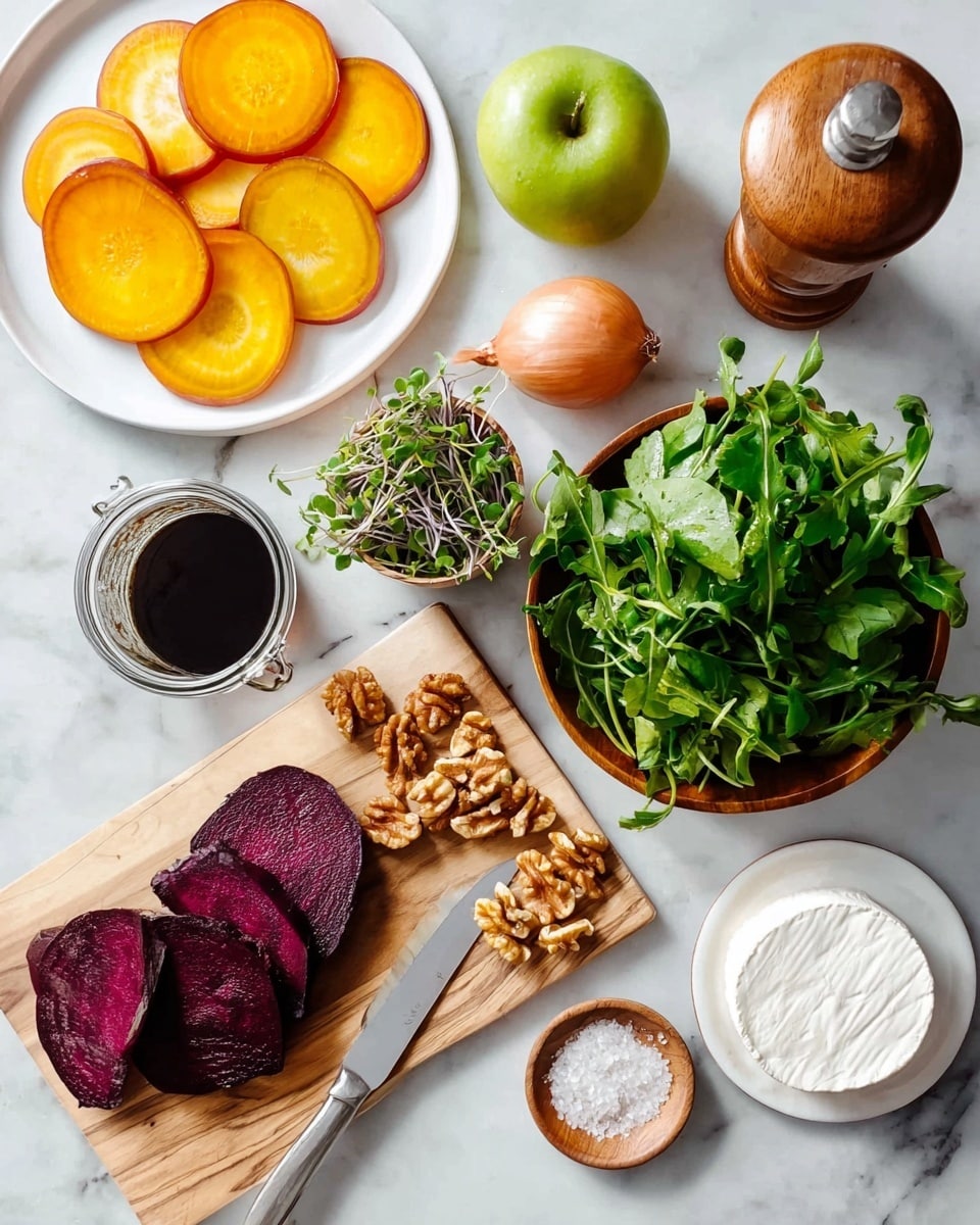 The image shows fresh ingredients laid out on a white marbled surface, ready to make a salad. There is a white plate on the left with round, thin slices of bright orange and yellow beets arranged in an overlapping pattern. Below, a small wooden cutting board holds thick, dark purple beet slices next to a silver knife with a light grey handle. A whole shallot sits near the center. A wooden bowl filled with fresh, bright green arugula leaves is placed to the right, with some halves of walnuts scattered beside it. A small bowl with a round block of white cheese is near the bottom right corner, next to a smaller wooden bowl containing coarse salt. Near the top center, a small wooden cup holds fresh microgreens with dark and light green hues. Above it is a small glass jar of dark balsamic vinegar or dressing with a silver spoon inside. A wooden pepper grinder stands to the upper right. A bright green apple is positioned near the top left. All the elements are neatly arranged with clear colors and textures. Photo taken with an iphone --ar 4:5 --v 7