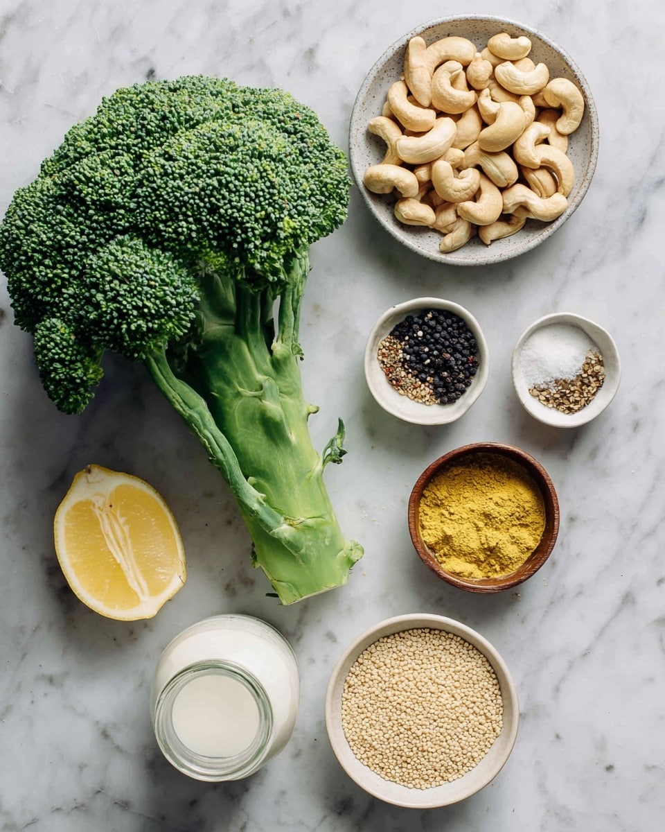 The image shows a bunch of fresh green broccoli with thick stalks and leafy parts placed on a white marbled surface. To the left of the broccoli is a half lemon with a bright yellow interior. Above the lemon is a round bowl filled with whole cashew nuts, light beige in color. Above and a bit to the right of the broccoli is a small white bowl holding black peppercorns, dried onion flakes, salt, and garlic powder arranged in separate sections. Below the lemon is a brown bowl filled with yellow nutritional yeast flakes. Below and to the right of the broccoli is a small glass bottle filled with white plant-based milk alongside a white bowl filled with small, pale beige grains. The color contrast between green broccoli, yellow lemon, beige nuts, and powders over the white marbled background stands out clearly. photo taken with an iphone --ar 4:5 --v 7
