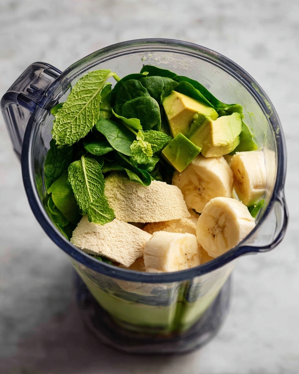 The image shows a clear blender filled with four main layers of ingredients over a white marbled surface. The bottom layer consists of a light beige powder or small granules. The middle layer is fresh, dark green spinach leaves packed throughout the blender. On top of the spinach, there are chunks of peeled banana, light creamy-yellow in color, arranged mostly on one side. Next to the bananas, there are pieces of avocado with a pale yellow-green color and a smooth, slightly creamy texture. Around the blender, fresh green mint leaves are scattered lightly. Photo taken with an iphone --ar 4:5 --v 7