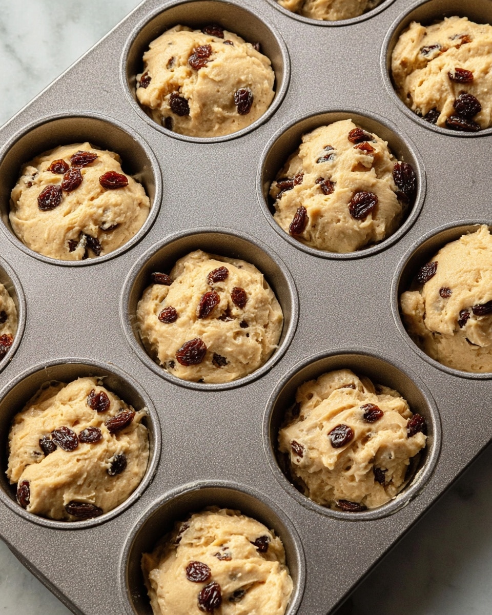 A metal muffin tray holds twelve sections filled with rough, light beige dough mixed with dark brown raisins scattered on top and inside the dough. The dough has a thick, chunky texture, and each section is filled about three-quarters full, showing uneven, natural shapes. The tray rests on a white marbled surface, with soft, natural light highlighting the dough’s texture and the shiny metal of the tray. photo taken with an iphone --ar 4:5 --v 7