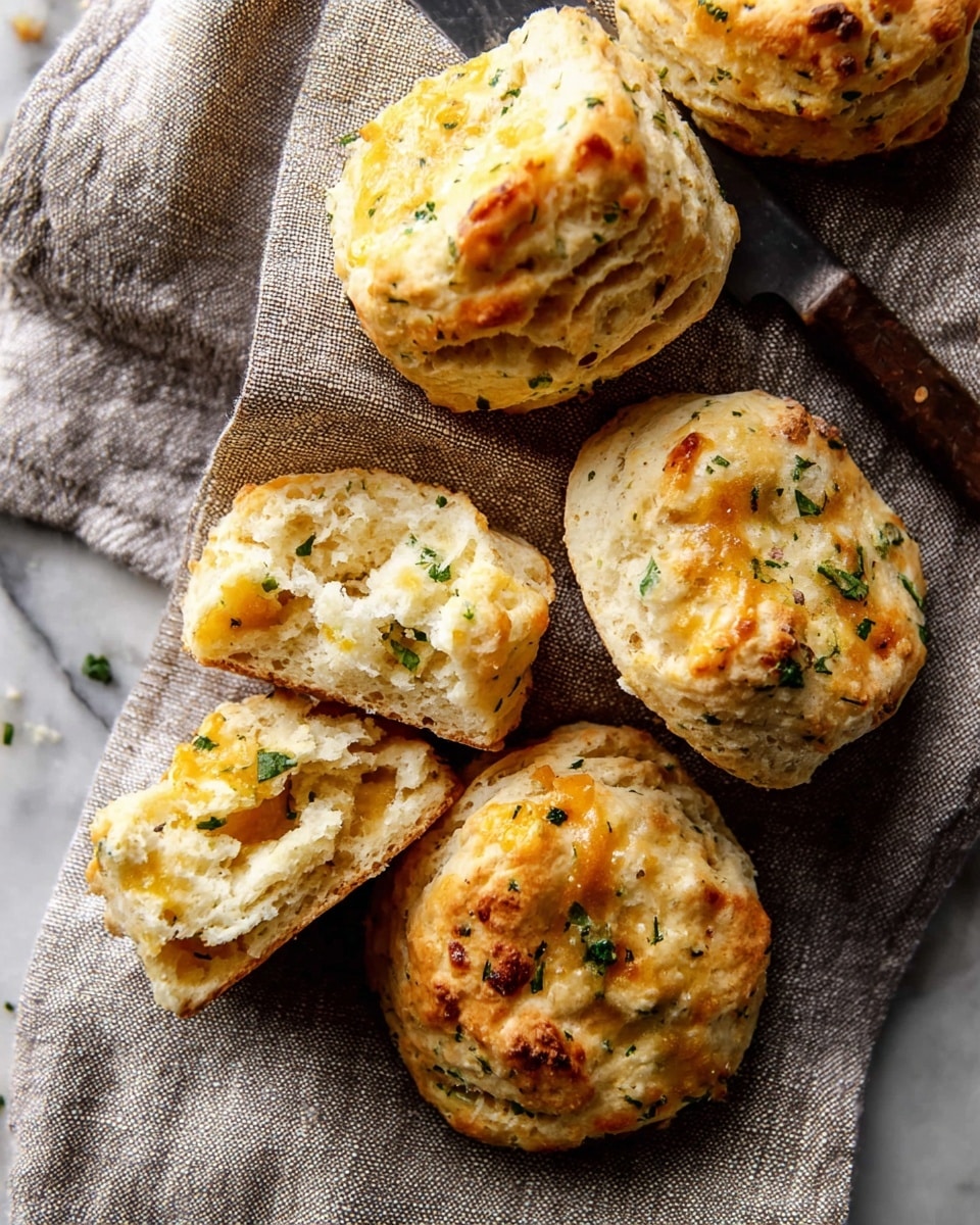 Several golden biscuits with uneven, rough edges and a soft inside are placed on a light gray cloth with a textured, slightly coarse surface. One biscuit is split in half, showing a fluffy and layered interior with hints of melted cheese and green herbs sprinkled on top. The biscuits have a slightly shiny baked surface with dark golden spots and flecks of herbs, giving a fresh, homemade look. A rustic knife with a dark wooden handle lies beside the biscuits on top of the cloth, which rests on a white marbled surface. photo taken with an iphone --ar 4:5 --v 7