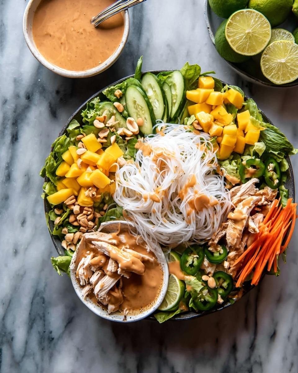 The dish shows a white bowl full of fresh rice noodles mixed with green leafy vegetables, shredded white cabbage, and chunks of avocado. There are thin orange carrot strips and small yellow bell pepper pieces layered throughout. A few lime wedges rest on the side inside the bowl, and a creamy light brown sauce is drizzled unevenly on top and mixed in. The texture of the noodles is soft and slightly shiny, while the vegetables add crispness. Near the bowl, a small white bowl with more sauce is placed on a white marbled surface. photo taken with an iphone --ar 4:5 --v 7