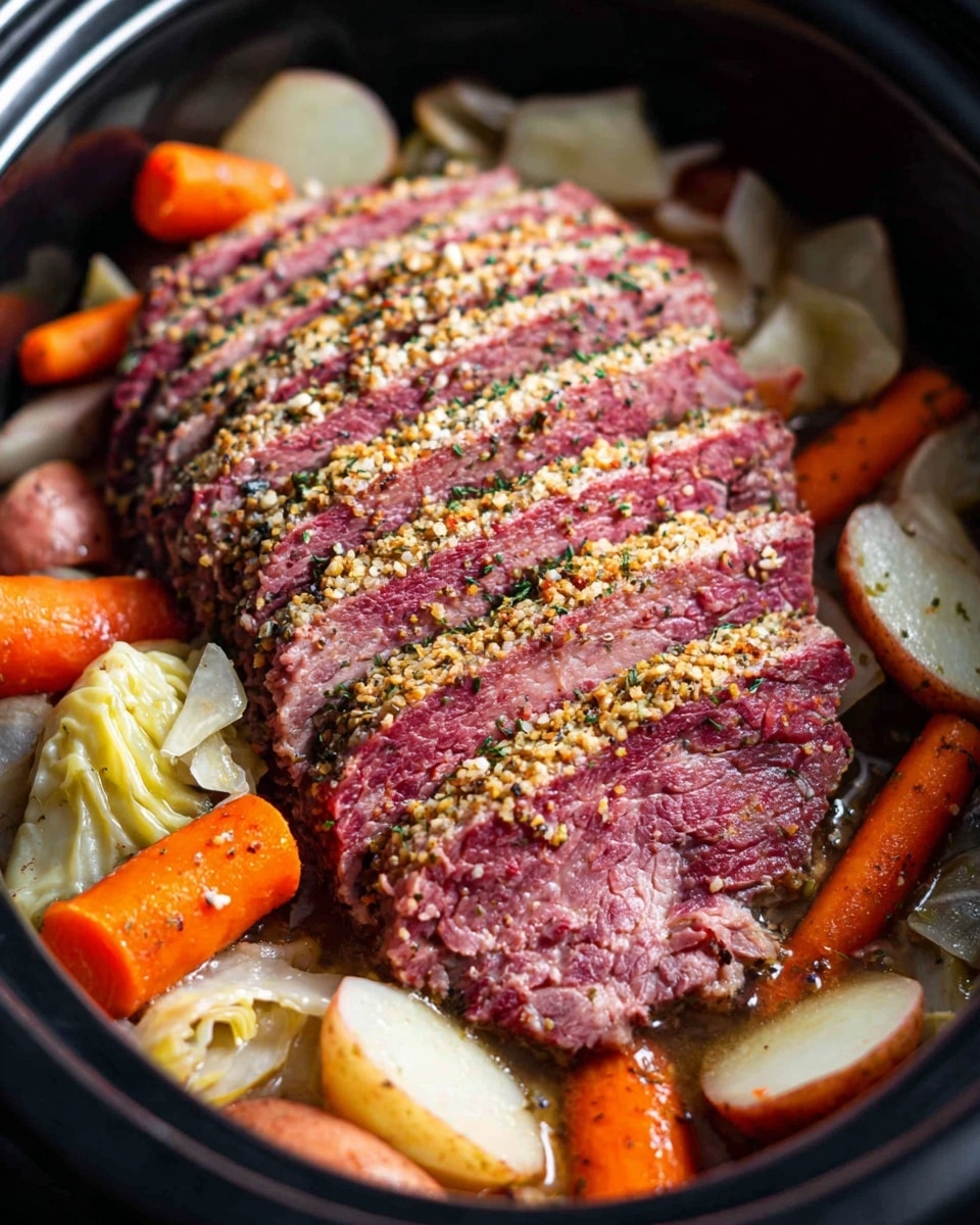 The image shows a black pot filled with a cooked meat roast sliced into seven even layers, each slice has a deep pink center and a crust coated with mustard seeds and herbs. Around the meat, there are orange baby carrots and pale beige cooked potatoes and cabbage pieces, adding color and texture contrast. The vegetables look soft and slightly seasoned, scattered naturally around the meat. The overall setting is close-up, making the layers and textures very clear. photo taken with an iphone --ar 4:5 --v 7