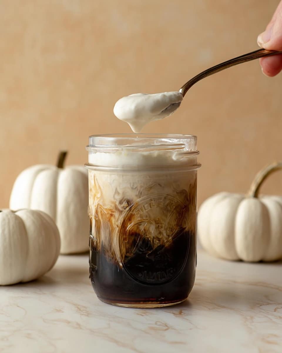 A clear glass jar filled with three visible layers: a dark black coffee layer at the bottom, a middle layer where white cream swirls mix with the coffee creating a marbled brown effect, and a thick, smooth white foam layer on top. A spoon held by a woman's hand is lifting some of the white foam, showing its creamy texture. The background and surface are light beige with three small white pumpkins to the left and right behind the jar. The surface is changed to a white marbled texture. photo taken with an iphone --ar 4:5 --v 7