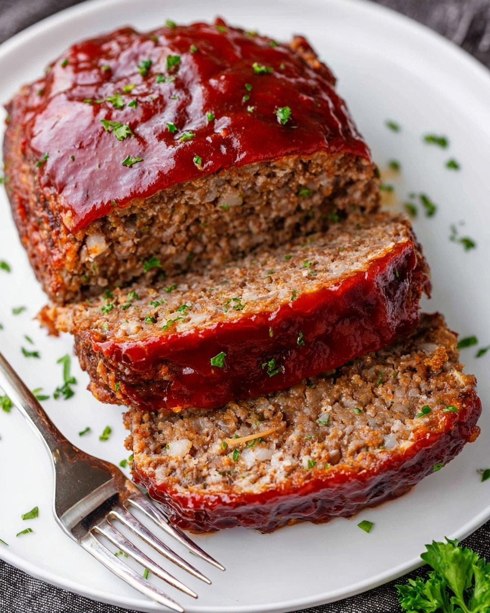 The image shows a loaf of meatloaf sliced into three thick pieces on a white plate. The top and sides of the meatloaf are covered in a shiny red glaze with a smooth texture. The inside of the meatloaf has a crumbly, cooked ground meat texture in a light brown color. Small green herb bits are sprinkled on top of the glaze and around the plate. A fork sits on the left side of the plate. The plate rests on a white marbled surface. photo taken with an iphone --ar 4:5 --v 7