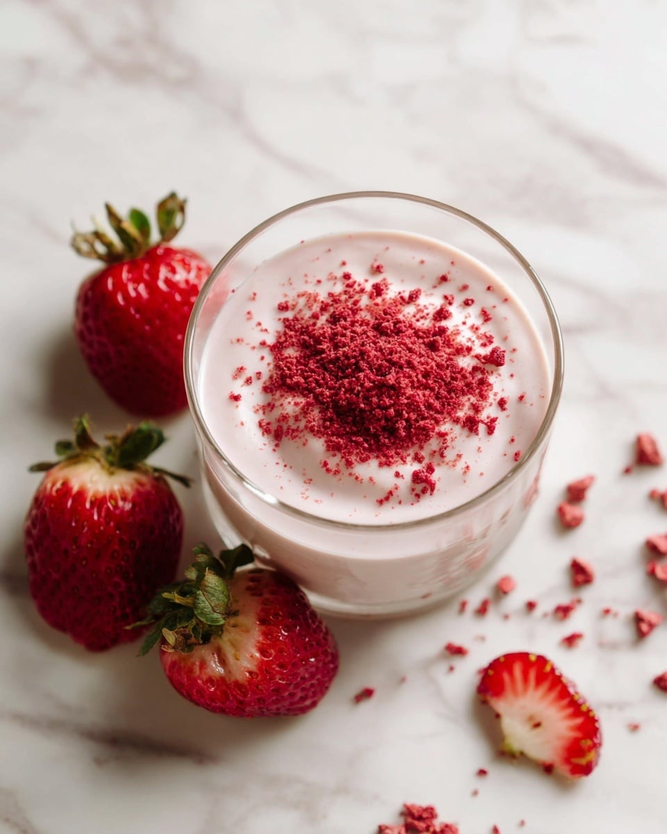 A clear glass bowl sits on a white marbled surface, filled with a creamy light pink yogurt layered with fine red strawberry powder sprinkled on top. Around the bowl, fresh whole strawberries with green leaves and a few freeze-dried strawberry chunks add color with their deep red and fresh textures. The scene is clean and bright, showing the soft, smooth yogurt contrasted with the rough texture of the powdered and whole strawberries. photo taken with an iphone --ar 4:5 --v 7
