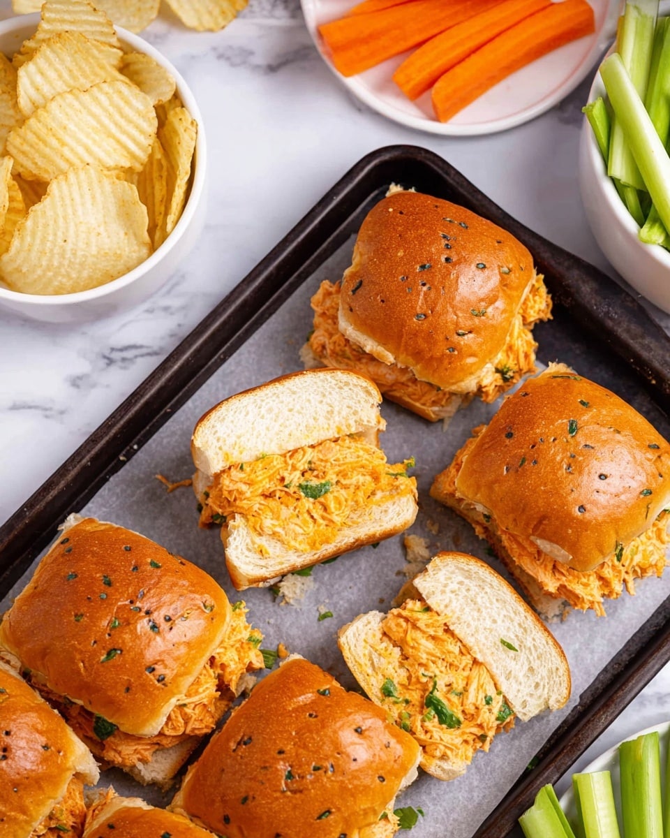 The image shows several small square sandwiches on a dark baking tray lined with parchment paper. Each sandwich has a golden brown top bun speckled with bits of herbs and a glossy finish. Inside, there is a thick layer of shredded, creamy orange filling mixed with small green herb pieces. Two of the sandwiches are cut in half to reveal the soft, light-colored inner bread alongside the filling. Around the tray, there are white bowls, one filled with ridged potato chips and another with sliced green onions. Part of a white plate with bright orange carrot sticks and green celery sticks is also visible on the white marbled surface. Photo taken with an iphone --ar 4:5 --v 7
