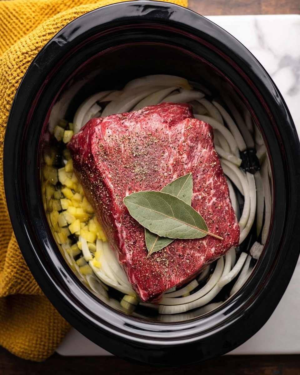A black slow cooker filled with three visible layers: at the bottom, chopped yellow garlic; above, thick white onion slices spread evenly; on top, a large, raw red piece of beef covered in black pepper and spices, with two green bay leaves placed around the onions. The slow cooker sits on a white marbled surface with a yellow textured cloth peeking from the top left corner. Photo taken with an iphone --ar 4:5 --v 7