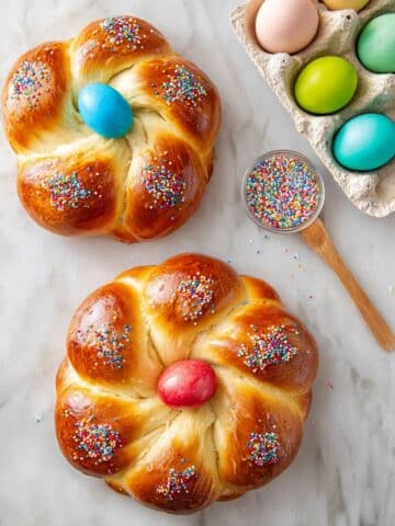 Italian Easter Braided Bread with Dyed Eggs and Sprinkles Recipe