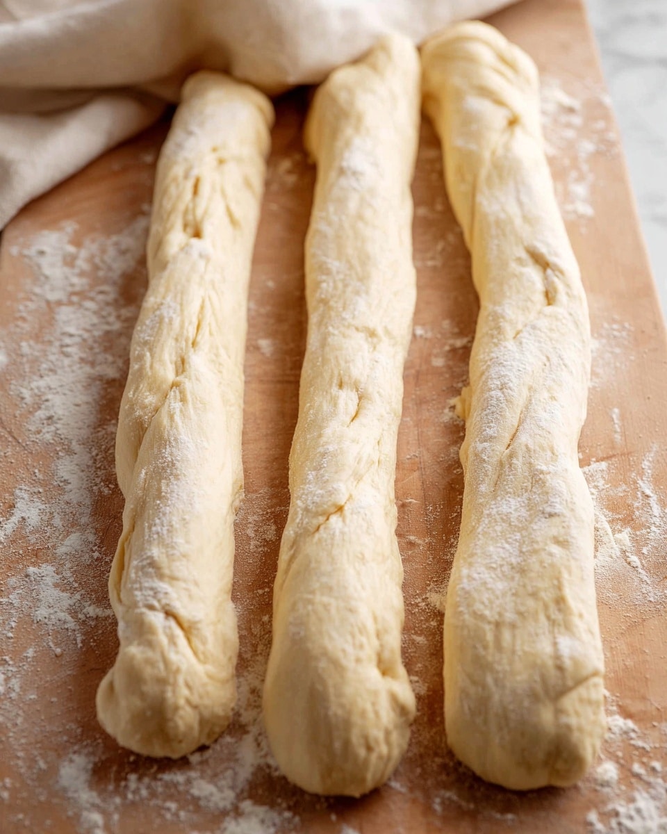 Three long, pale dough sticks rest side by side on a light brown wooden surface dusted with scattered white flour. Each dough stick is roughly shaped, with visible folds and slight cracks along the smooth, soft texture. The lighting softly highlights the dough’s slightly uneven form, showing some thickness differences along their length. The background is a white marbled texture with a cream-colored cloth blurred softly at the top edge. Photo taken with an iphone --ar 4:5 --v 7