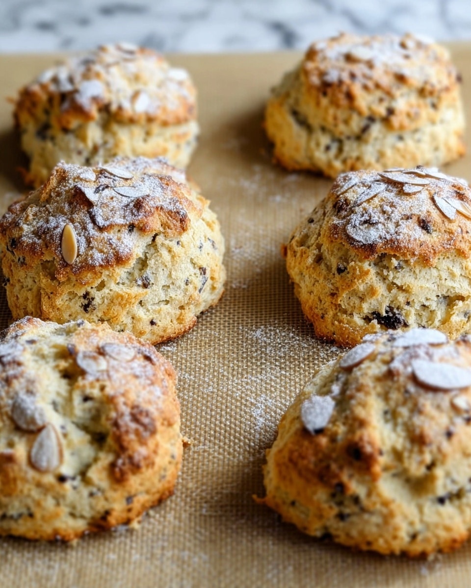Several round scones with a golden brown top are placed on a beige textured baking mat. Each scone has a rough, crumbly texture dotted with dark bits, likely tea leaves or seeds, and is sprinkled with thin, toasted almond slices and a light dusting of powdered sugar. The scones have a slightly irregular shape and a light, pale yellow interior visible around the edges. The background is a white marbled surface. photo taken with an iphone --ar 4:5 --v 7