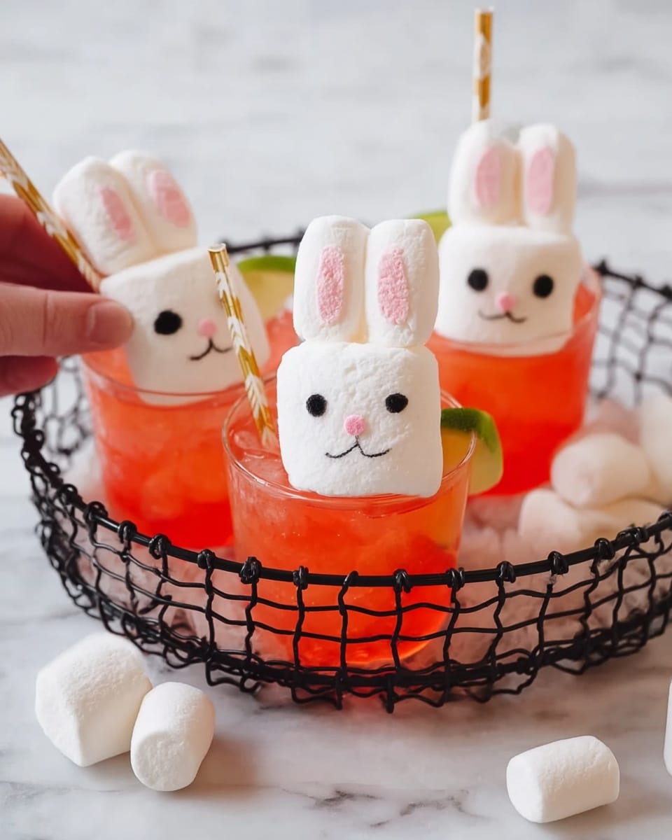 The image shows three clear glasses filled with bright red-orange liquid and ice, each containing green lime wedges near the bottom. On top of each glass, there is a white marshmallow shaped like a bunny head, with two tall rectangular marshmallow ears attached. Each bunny face has black eyes and a smiling mouth made from small dark spots, and a pink candy nose in the center. One glass has a white and gold striped straw, and the background is a white marbled surface. Photo taken with an iphone --ar 4:5 --v 7