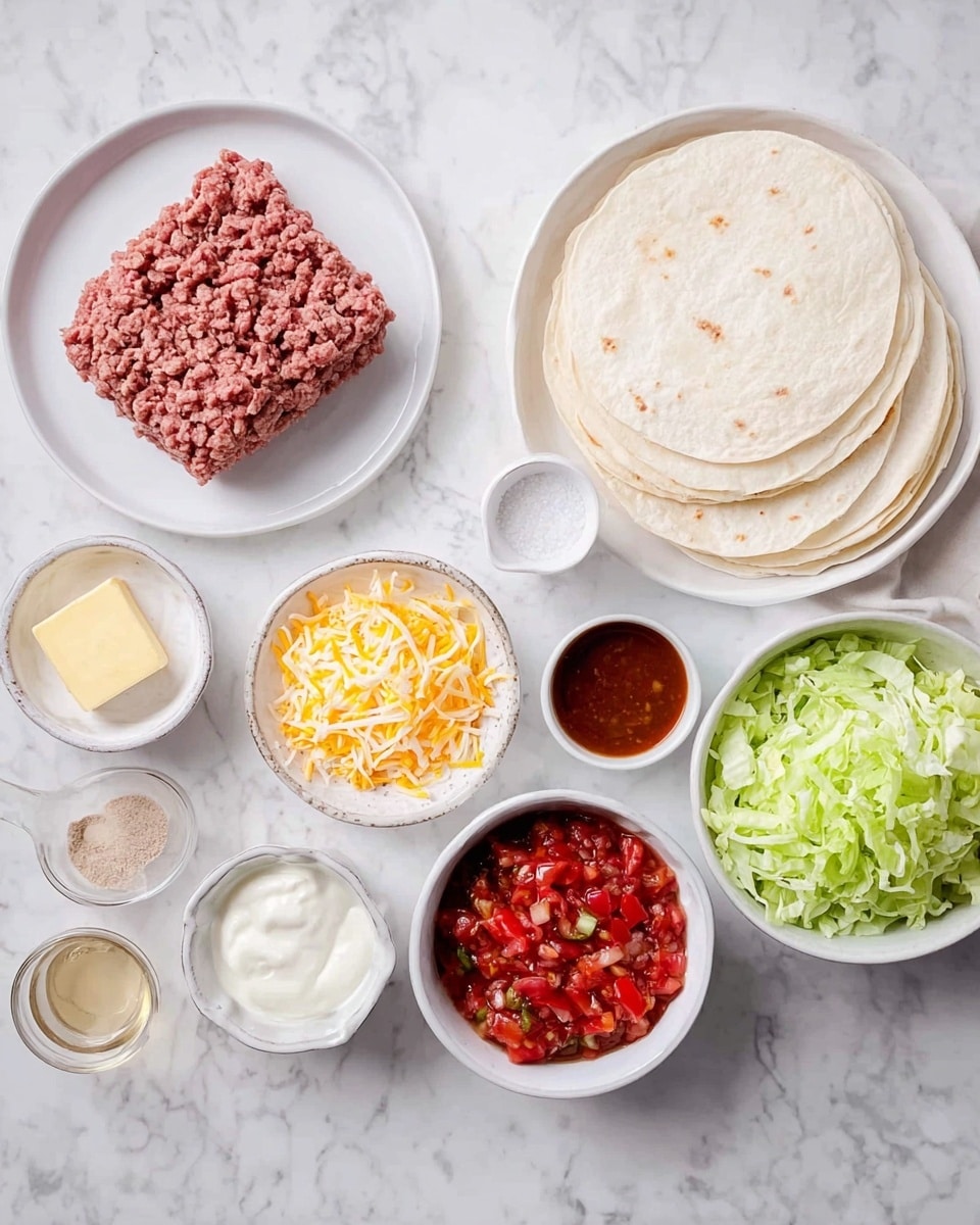 The image shows ingredients arranged neatly on a white marbled surface for making tacos. There is a white plate on the left with a block of ground meat, next to a white bowl with sour cream and a white bowl with shredded yellow and white cheese. A small cube of butter is placed nearby. In the center, a stack of white tortillas sits on a white plate. Nearby are small white bowls with fresh red and green salsa, light green shredded lettuce, a dark reddish-brown sauce, salt, and a small bowl with a pale liquid. The fabrics and bowls are organized clearly to show each ingredient. Photo taken with an iphone --ar 4:5 --v 7