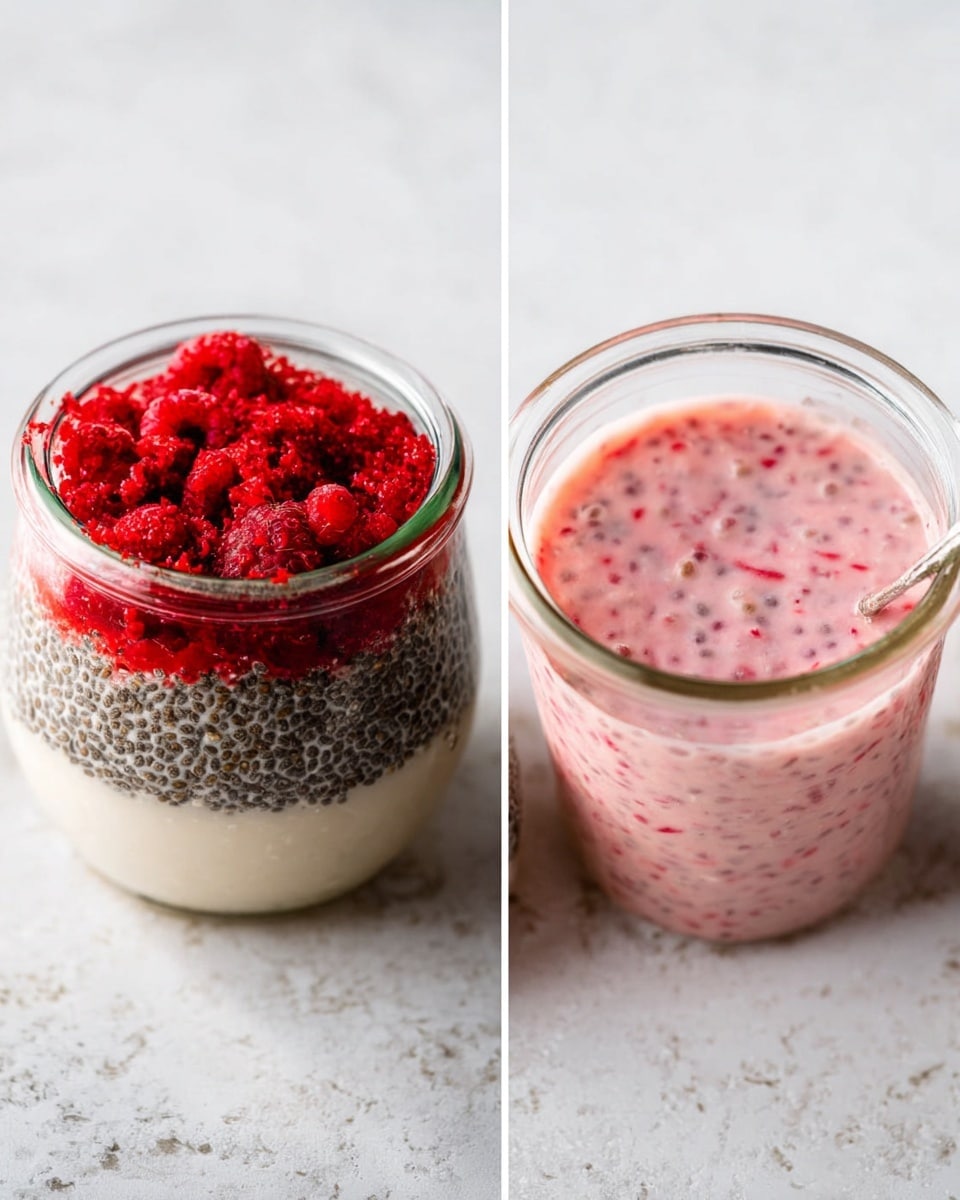The image shows two glass jars on a white marbled surface. The jar on the left contains three visible layers from top down: a sprinkle of bright red crushed raspberries, a thick layer of tiny black chia seeds covering about half the top, and a creamy off-white liquid base filling the rest of the jar. To the right, the second jar has the same ingredients mixed together, forming a light pink, slightly chunky liquid with black chia seeds scattered throughout. The scene is bright and clear, with soft natural light highlighting the textures and colors of the jars' contents. Photo taken with an iphone --ar 4:5 --v 7