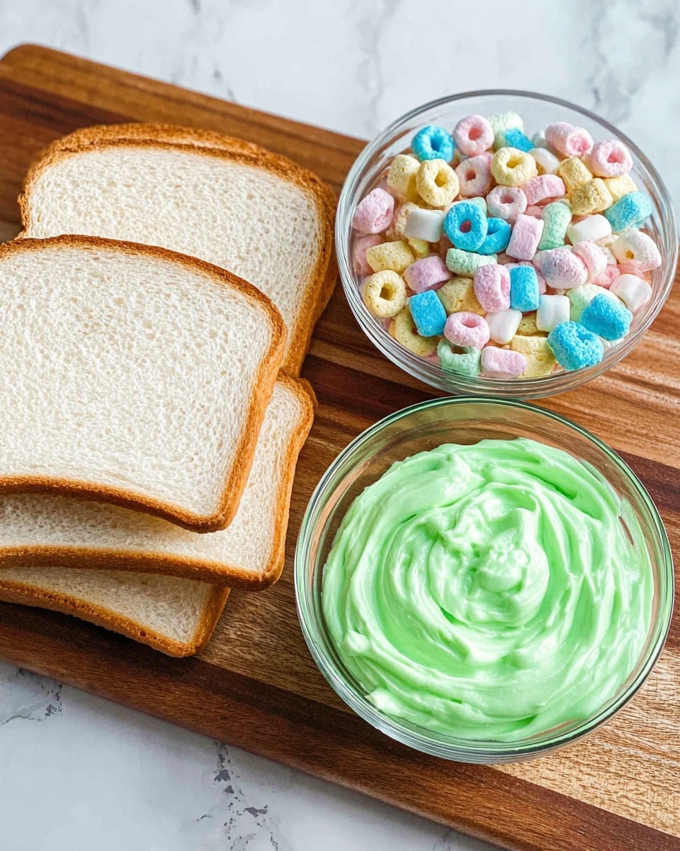 The image shows three slices of white toasted bread stacked slightly overlapping on a wooden board with a rich brown color and grain texture. Next to the bread, on the same board, is a clear glass bowl filled with colorful cereal pieces including pastel pink, blue, yellow, and white shapes. Beside the cereal bowl, there is another clear glass bowl containing a smooth, bright green cream or frosting with a swirled texture. The whole scene is placed on a white marbled surface. Photo taken with an iphone --ar 4:5 --v 7