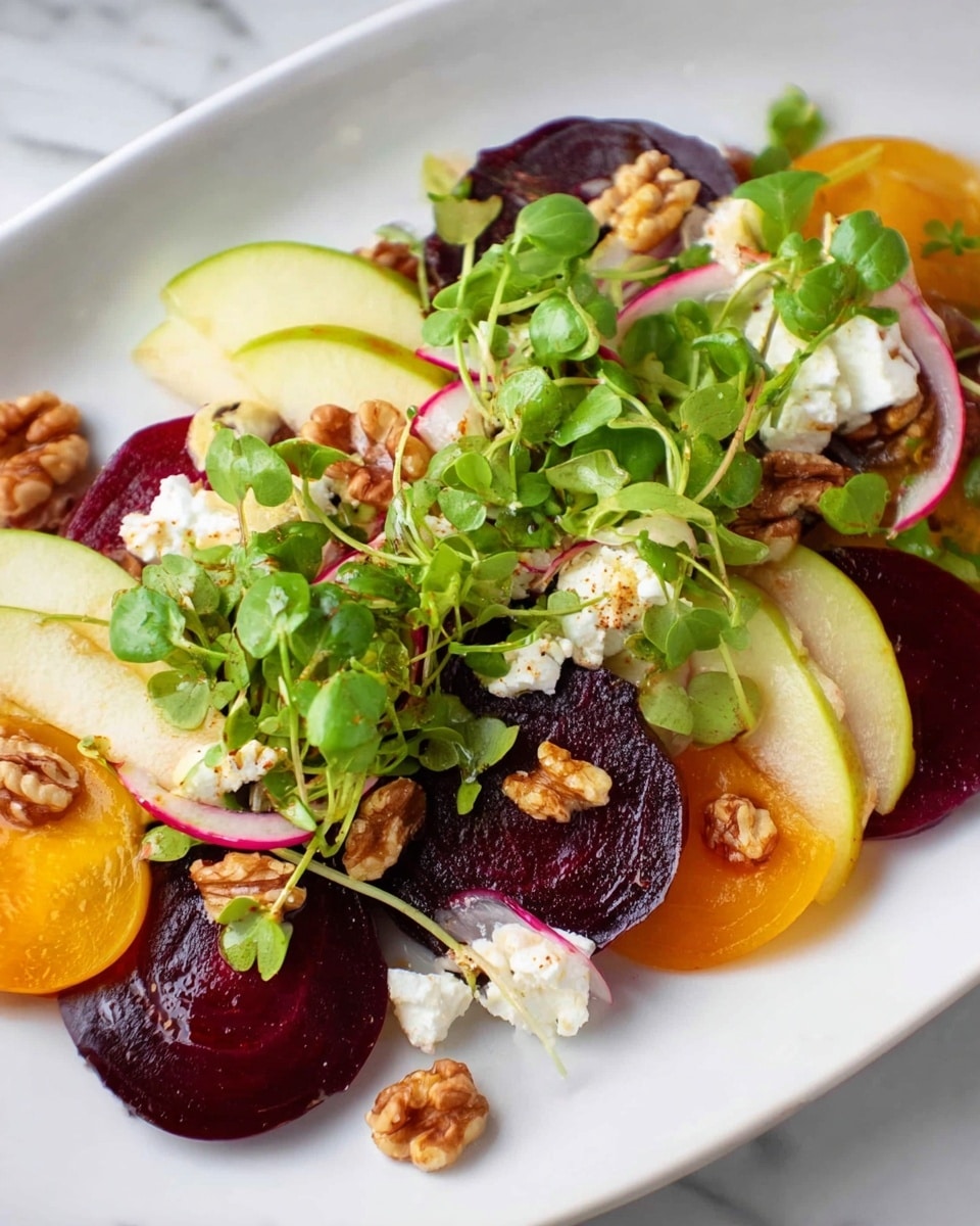 The dish shows a fresh salad on a white plate. The first layer is slices of dark purple and bright orange beets, laid flat. On top of that are thin slices of light green apples and small bits of white onion rings spread around. There are scattered pieces of white cheese and crunchy brown walnut halves. Fresh green microgreens are placed over everything, adding a vibrant touch. The plate is on a white marbled surface. Photo taken with an iphone --ar 4:5 --v 7